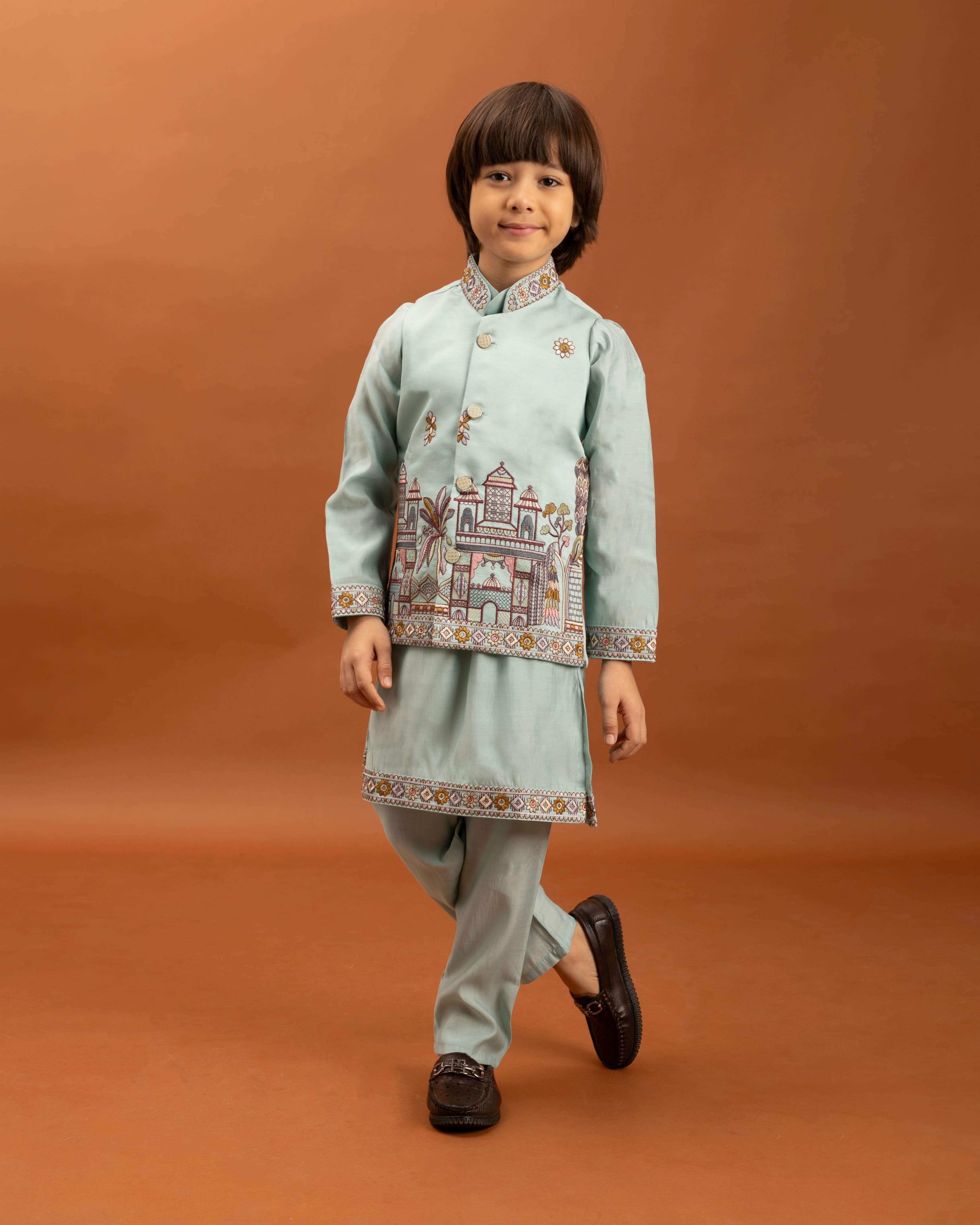 Sky Blue Kids Kurta Set with Embroidered Koti & Pant