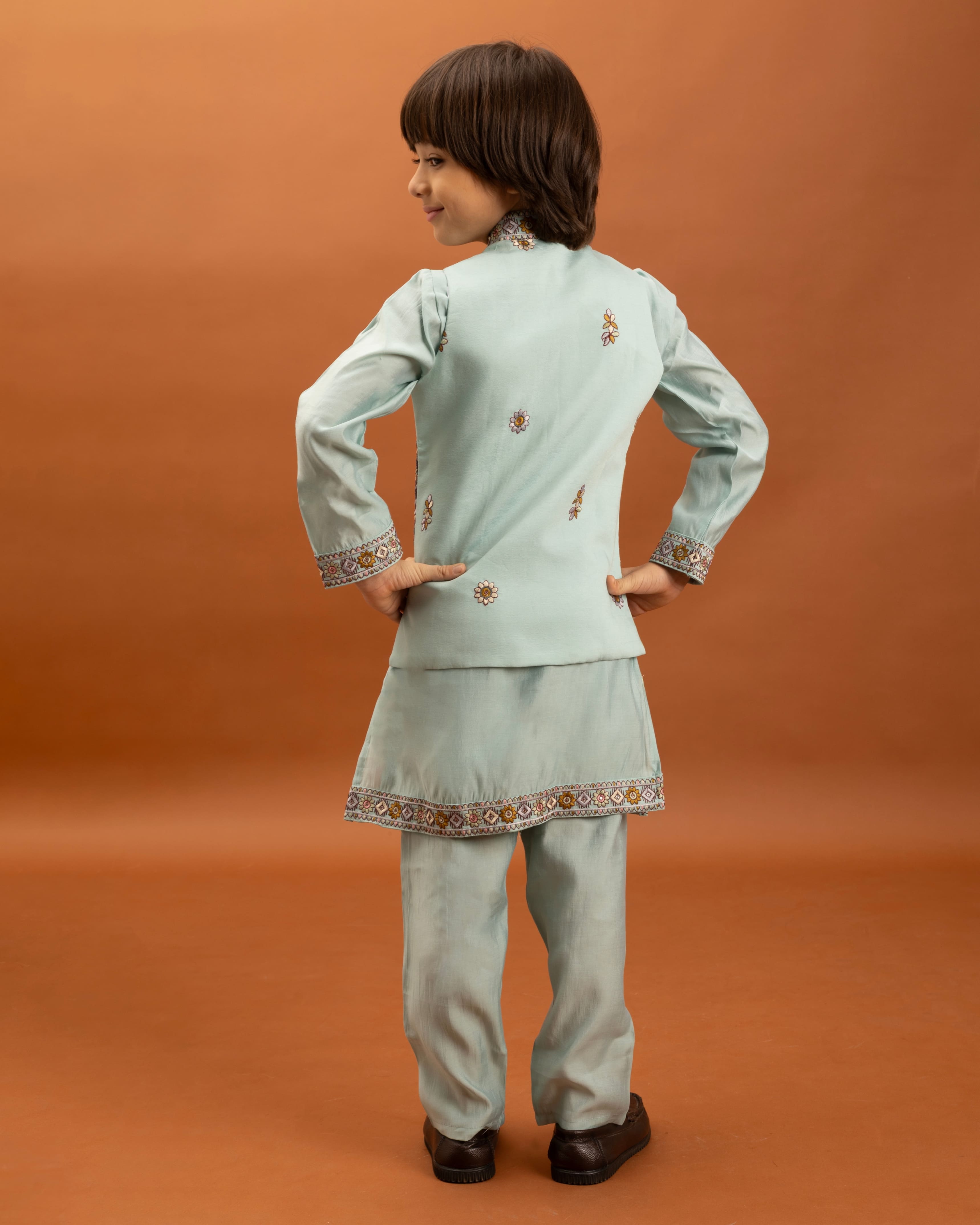 Sky Blue Kids Kurta Set with Embroidered Koti & Pant