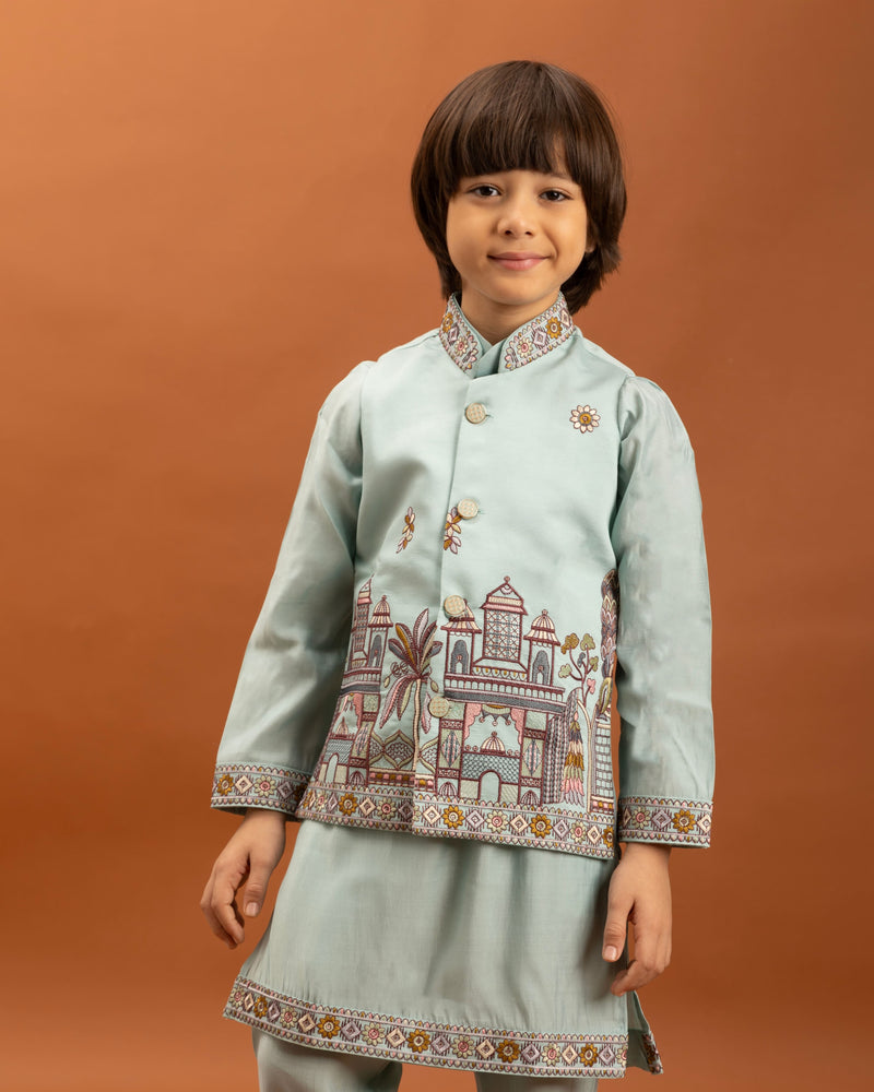 Sky Blue Kids Kurta Set with Embroidered Koti & Pant