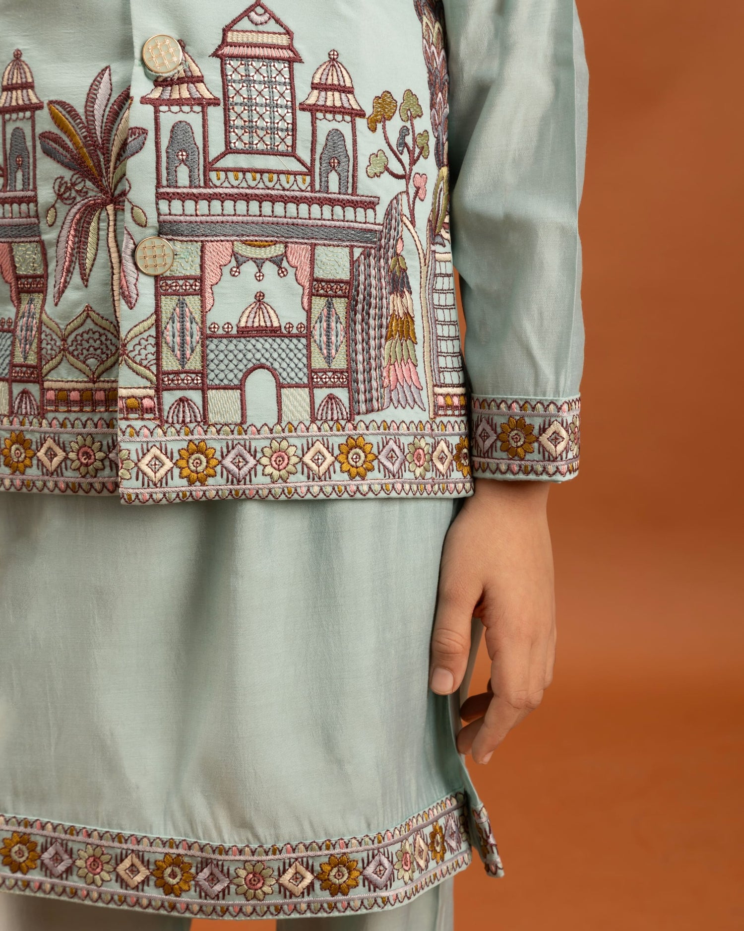 Sky Blue Kids Kurta Set with Embroidered Koti &amp; Pant