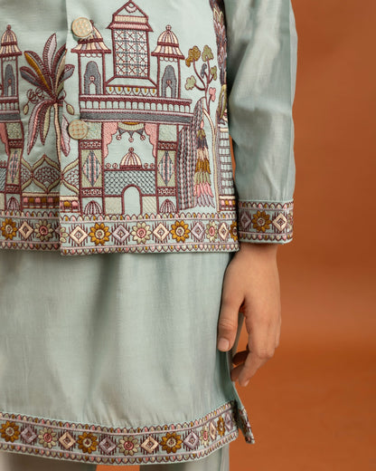 Sky Blue Kids Kurta Set with Embroidered Koti &amp; Pant
