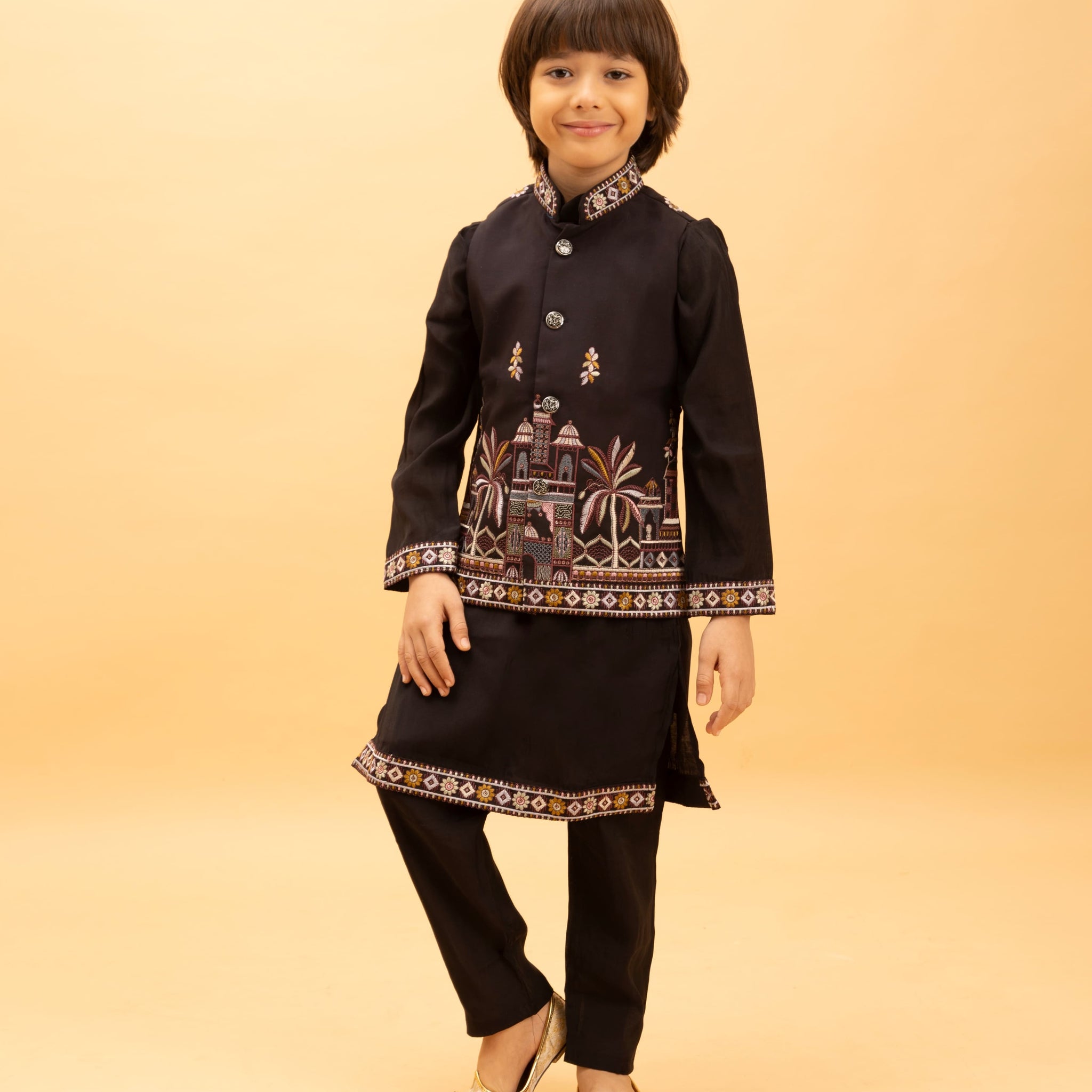 Black Kids Kurta Set with Embroidered Koti