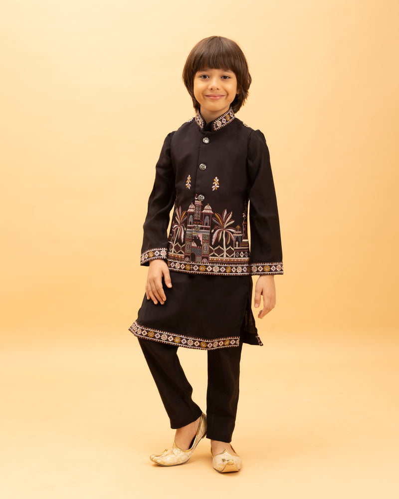 Black Kids Kurta Set with Embroidered Koti