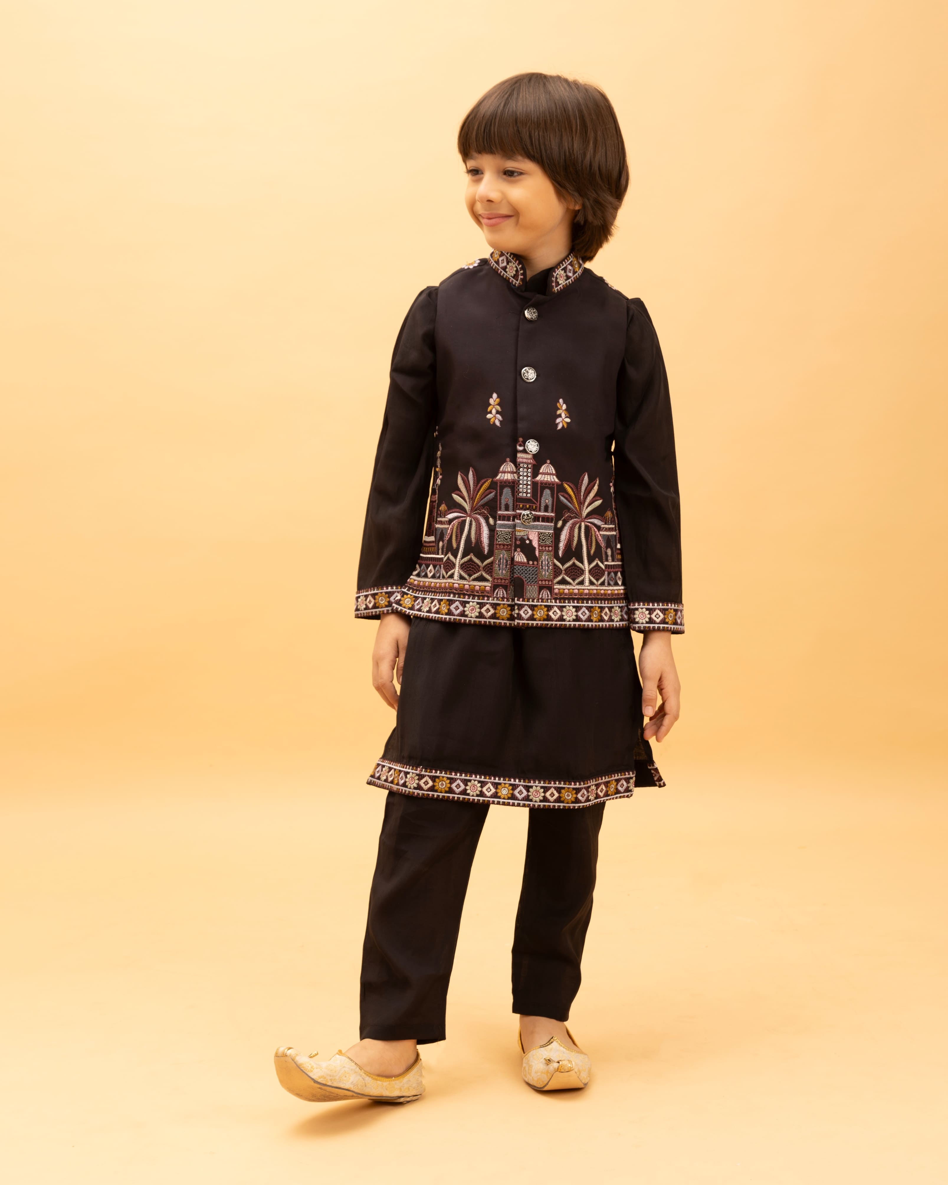 Black Kids Kurta Set with Embroidered Koti