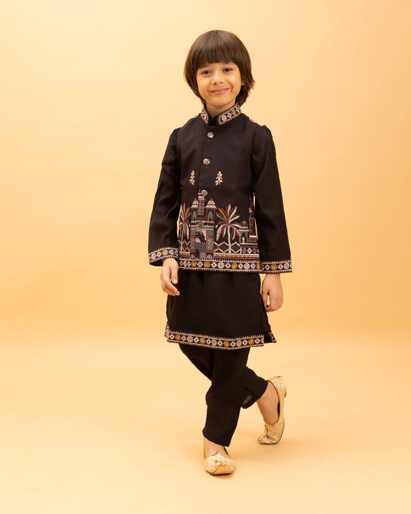 Black Kids Kurta Set with Embroidered Koti