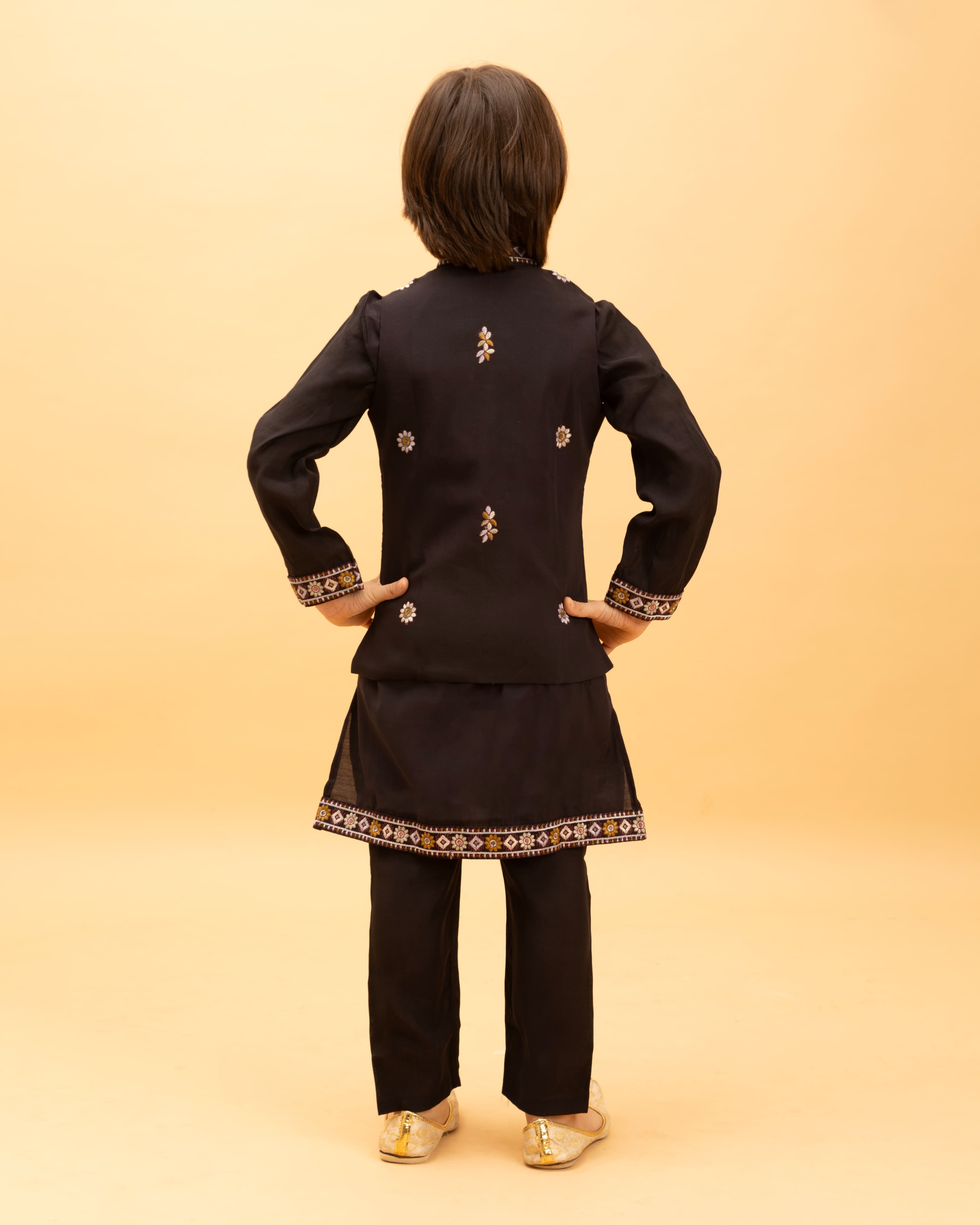 Black Kids Kurta Set with Embroidered Koti