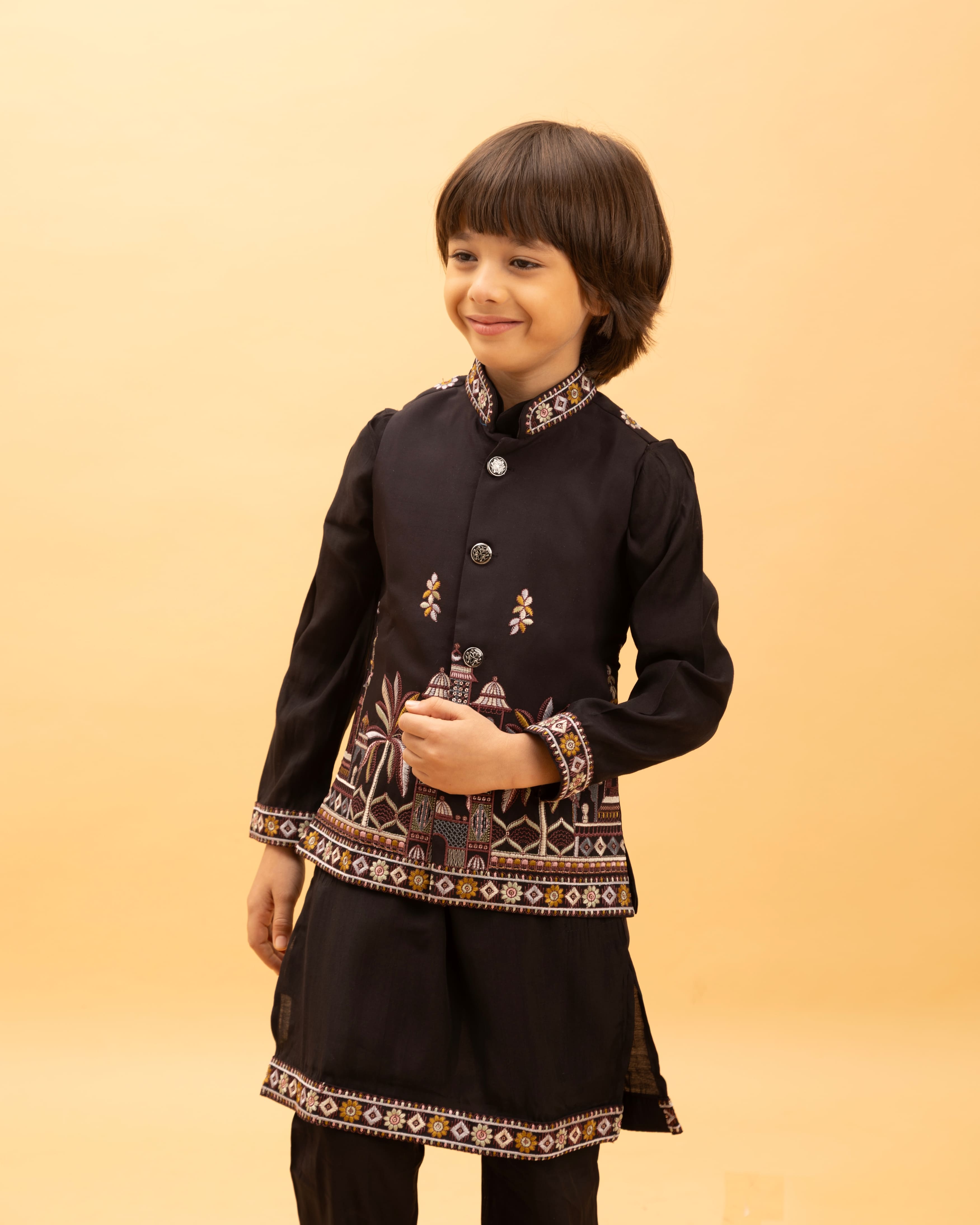 Black Kids Kurta Set with Embroidered Koti