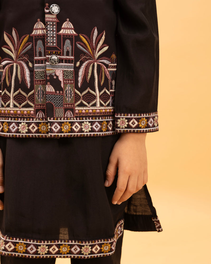 Black Kids Kurta Set with Embroidered Koti