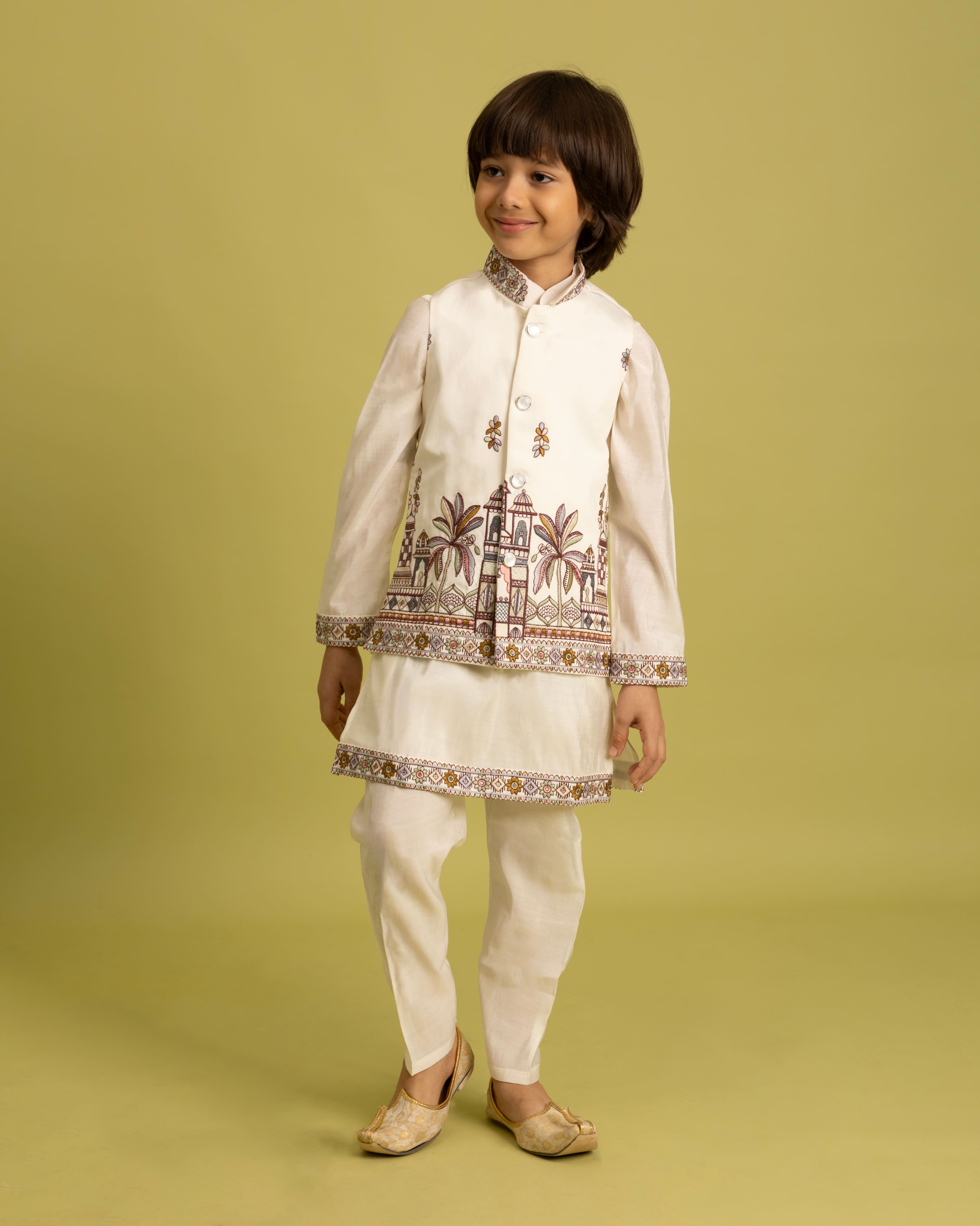 White Kids Kurta Set with Embroidered Koti & Pant