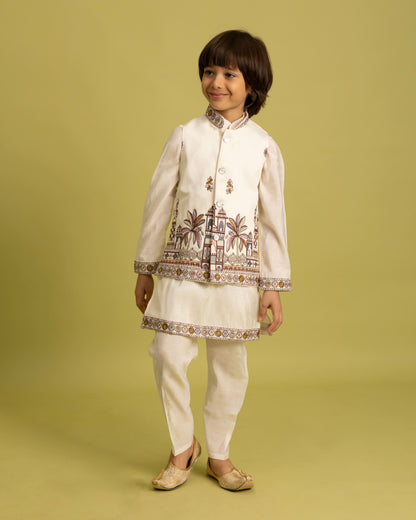 White Kids Kurta Set with Embroidered Koti &amp; Pant