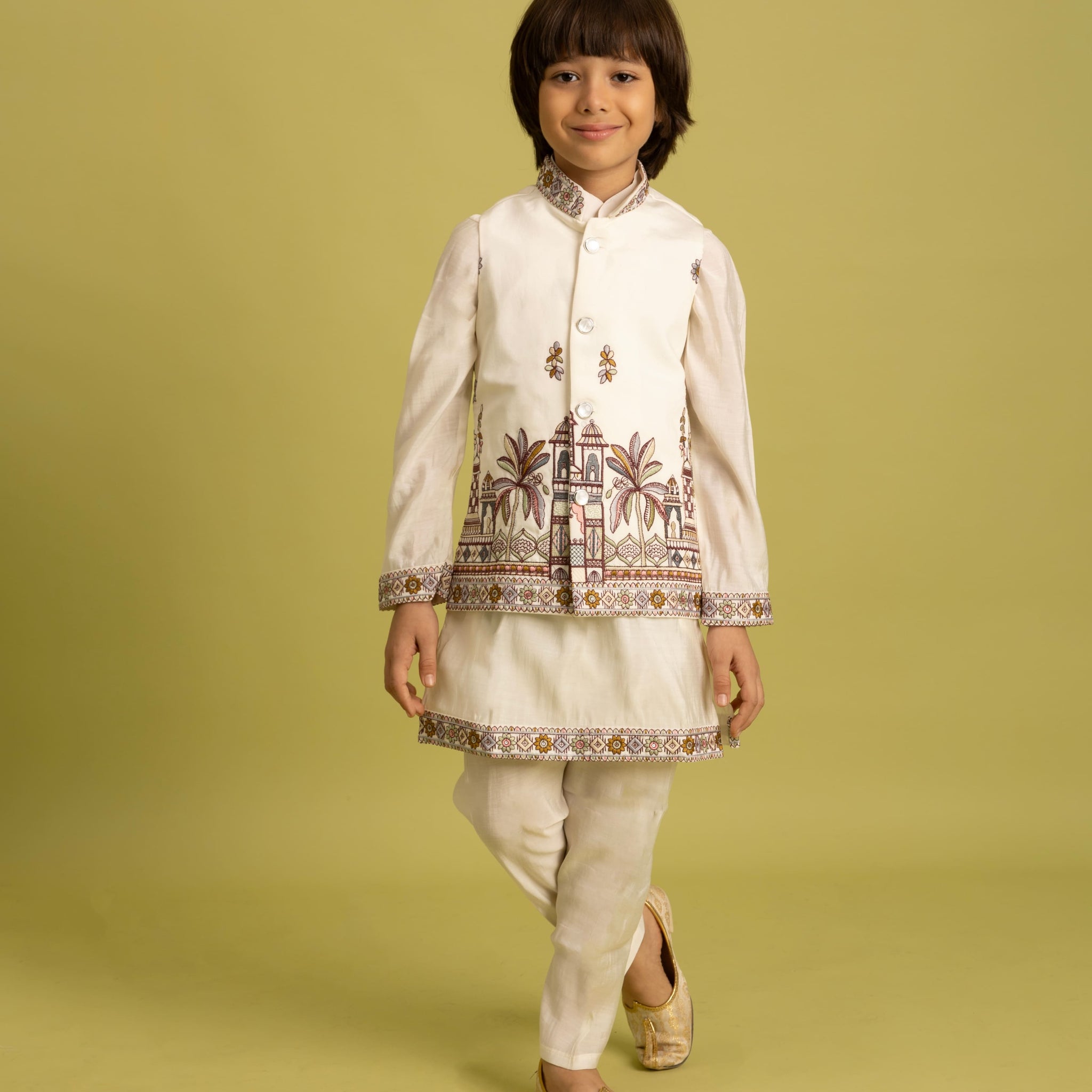 White Kids Kurta Set with Embroidered Koti & Pant