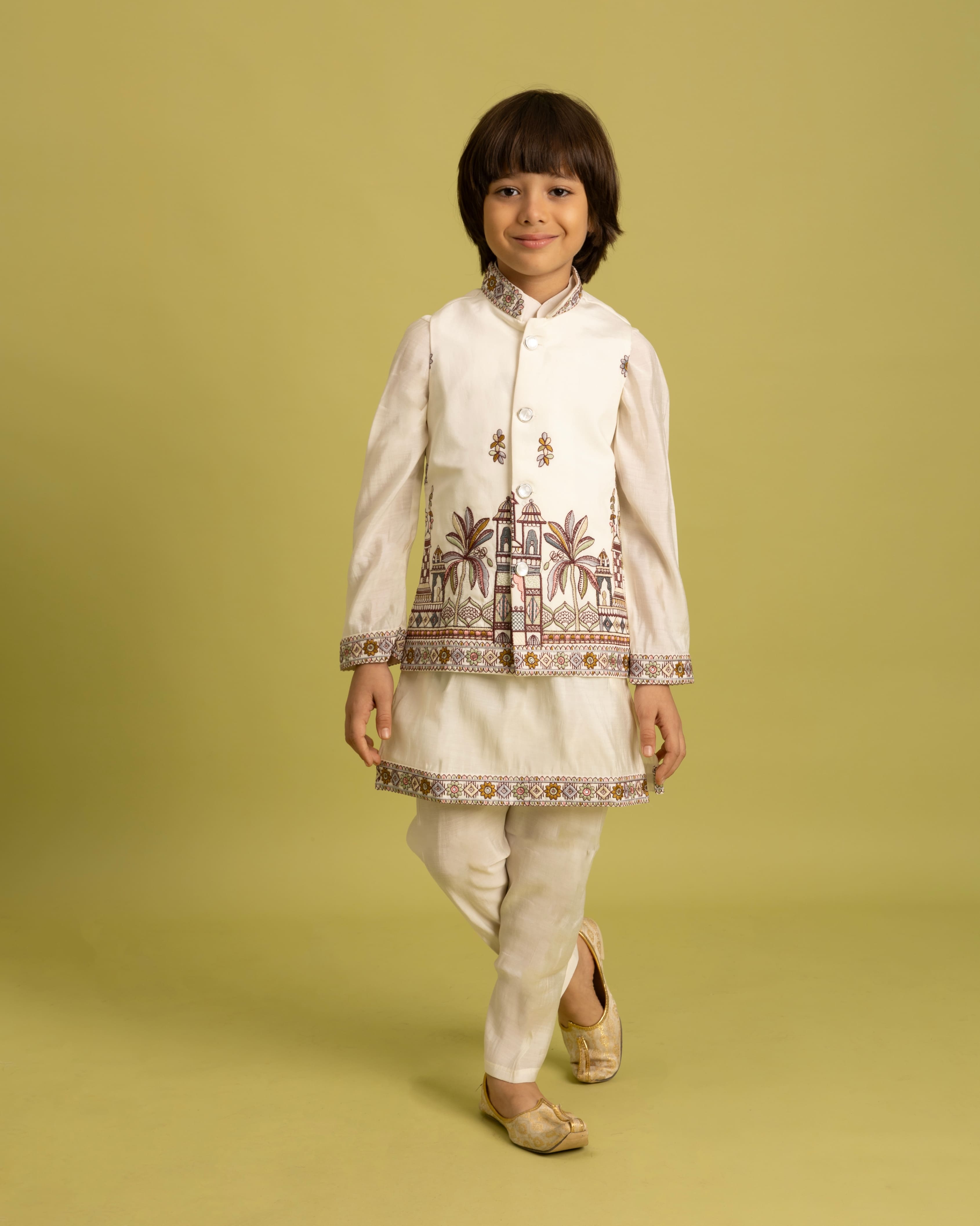 White Kids Kurta Set with Embroidered Koti & Pant