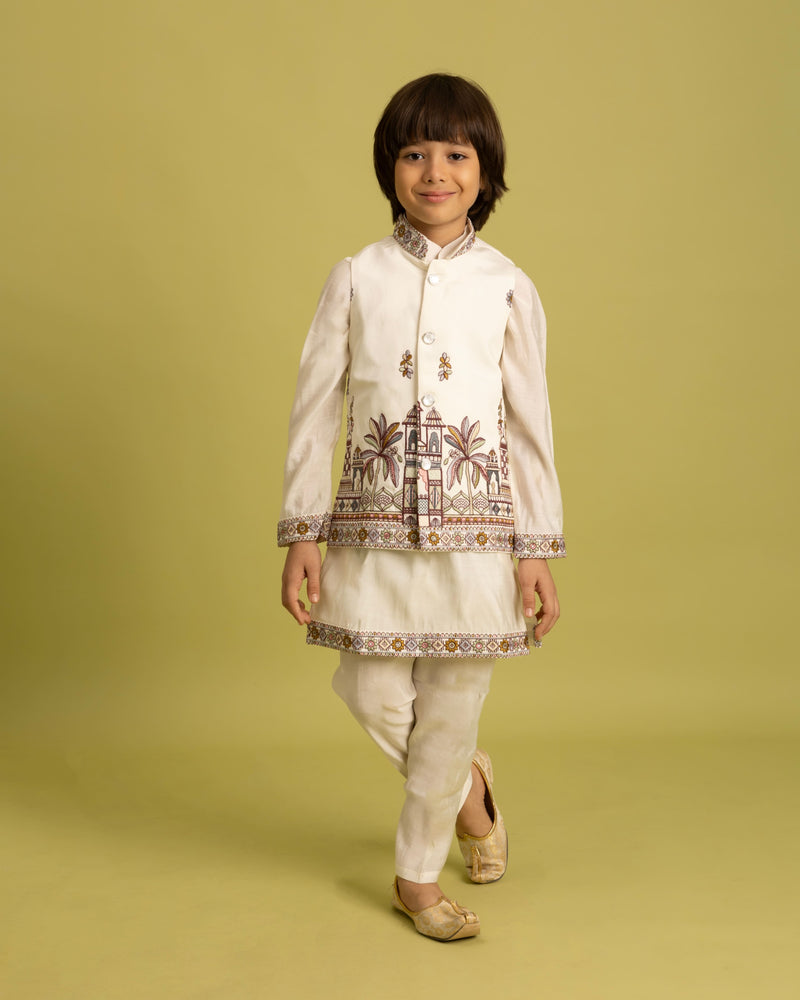White Kids Kurta Set with Embroidered Koti & Pant