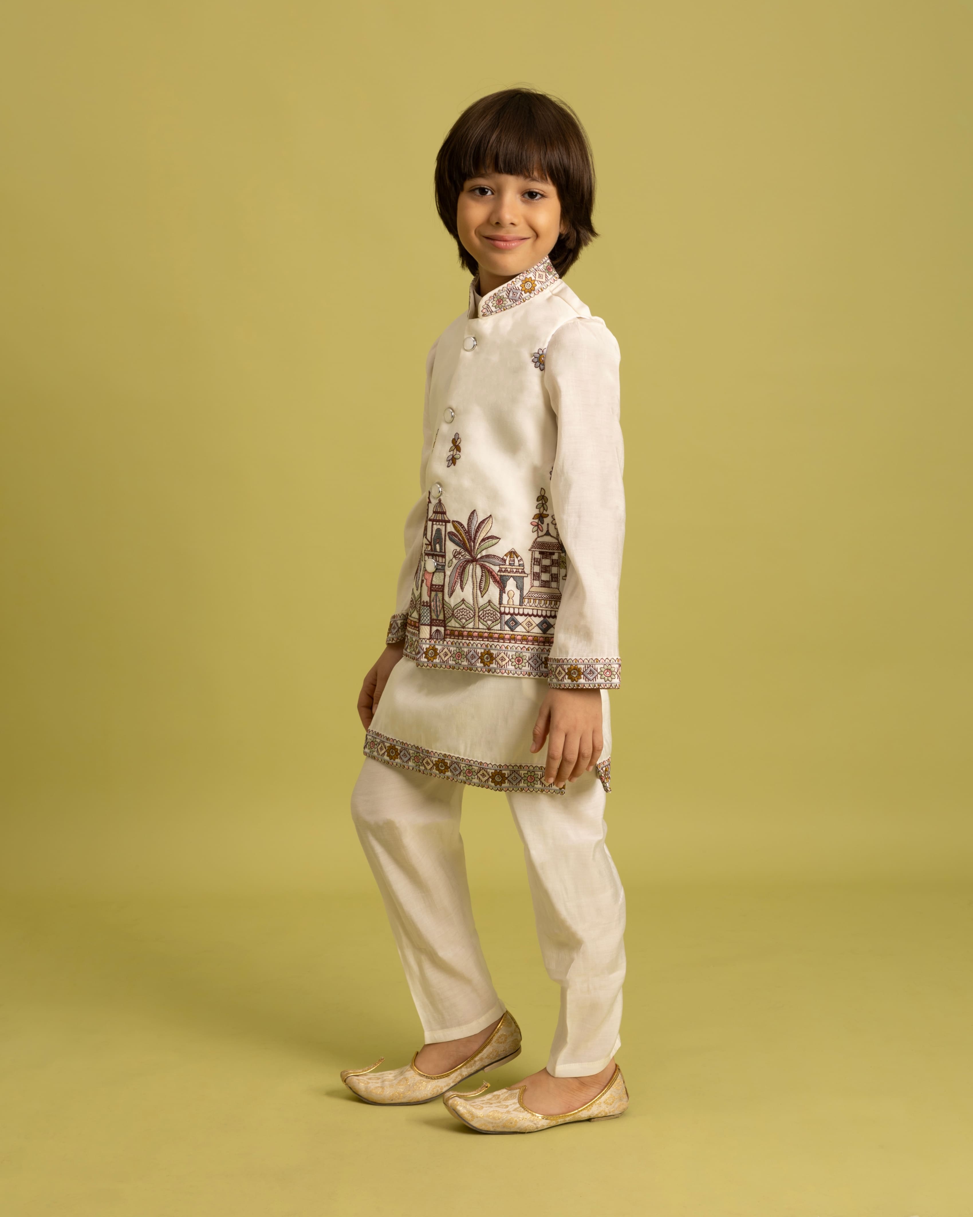 White Kids Kurta Set with Embroidered Koti & Pant