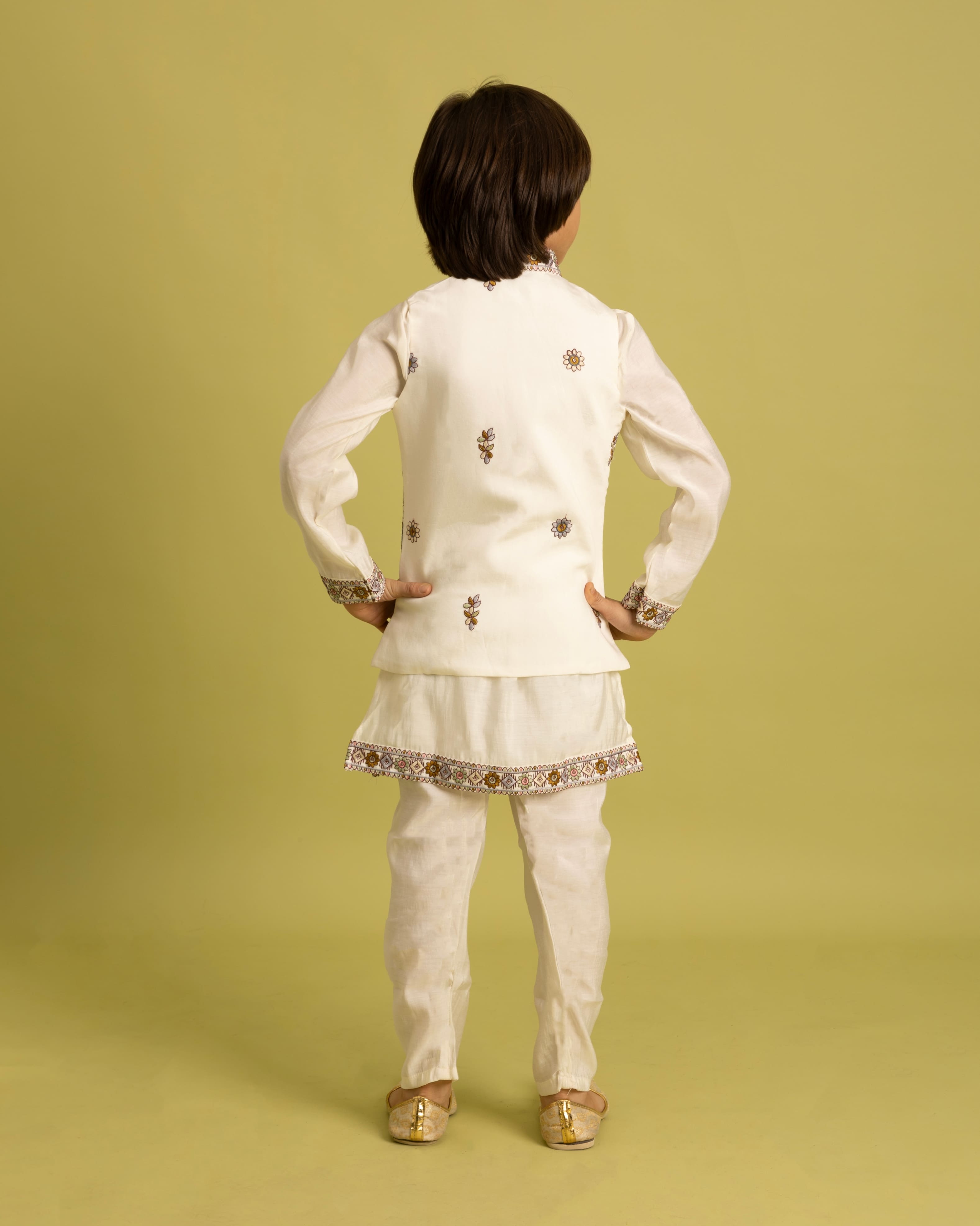 White Kids Kurta Set with Embroidered Koti & Pant