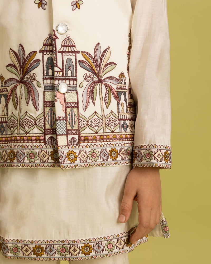 White Kids Kurta Set with Embroidered Koti & Pant