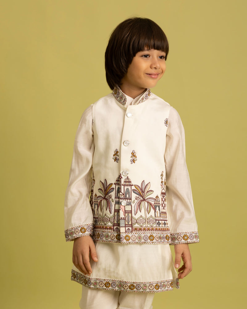 White Kids Kurta Set with Embroidered Koti & Pant