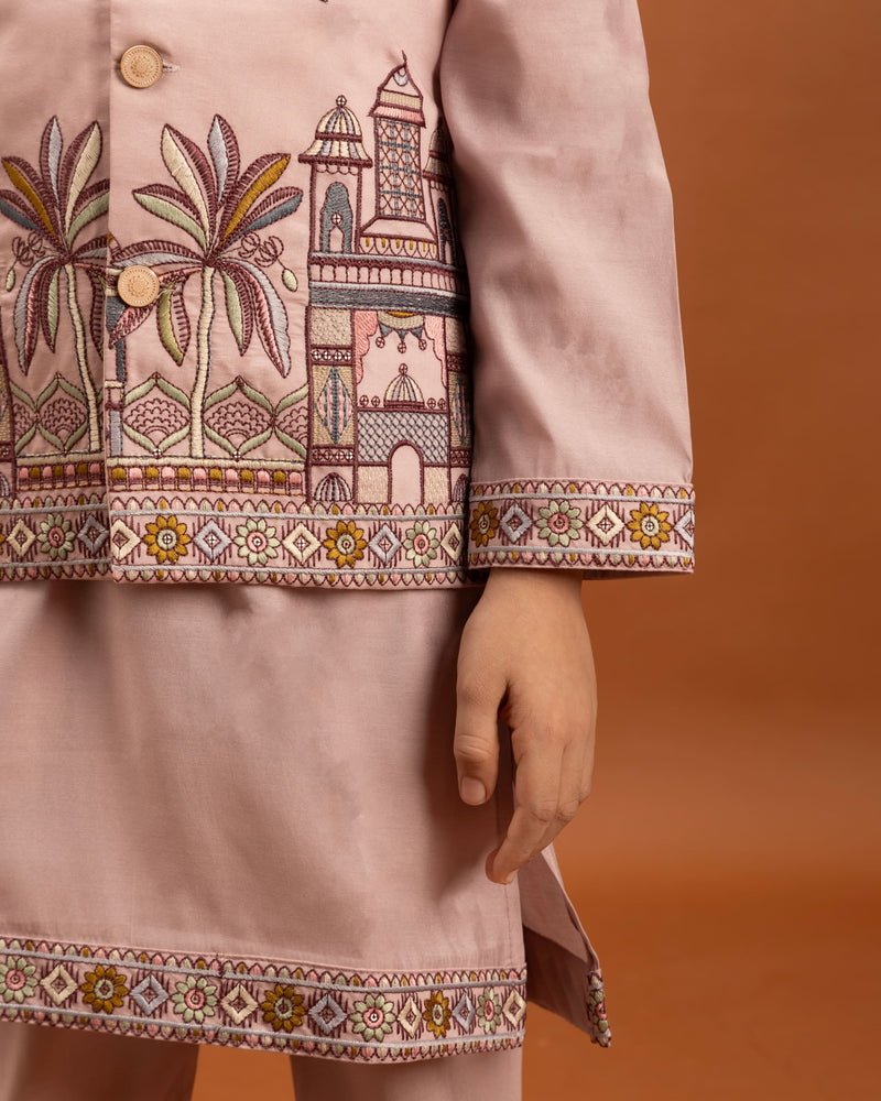 Pink Kids Kurta Set with Embroidered Koti