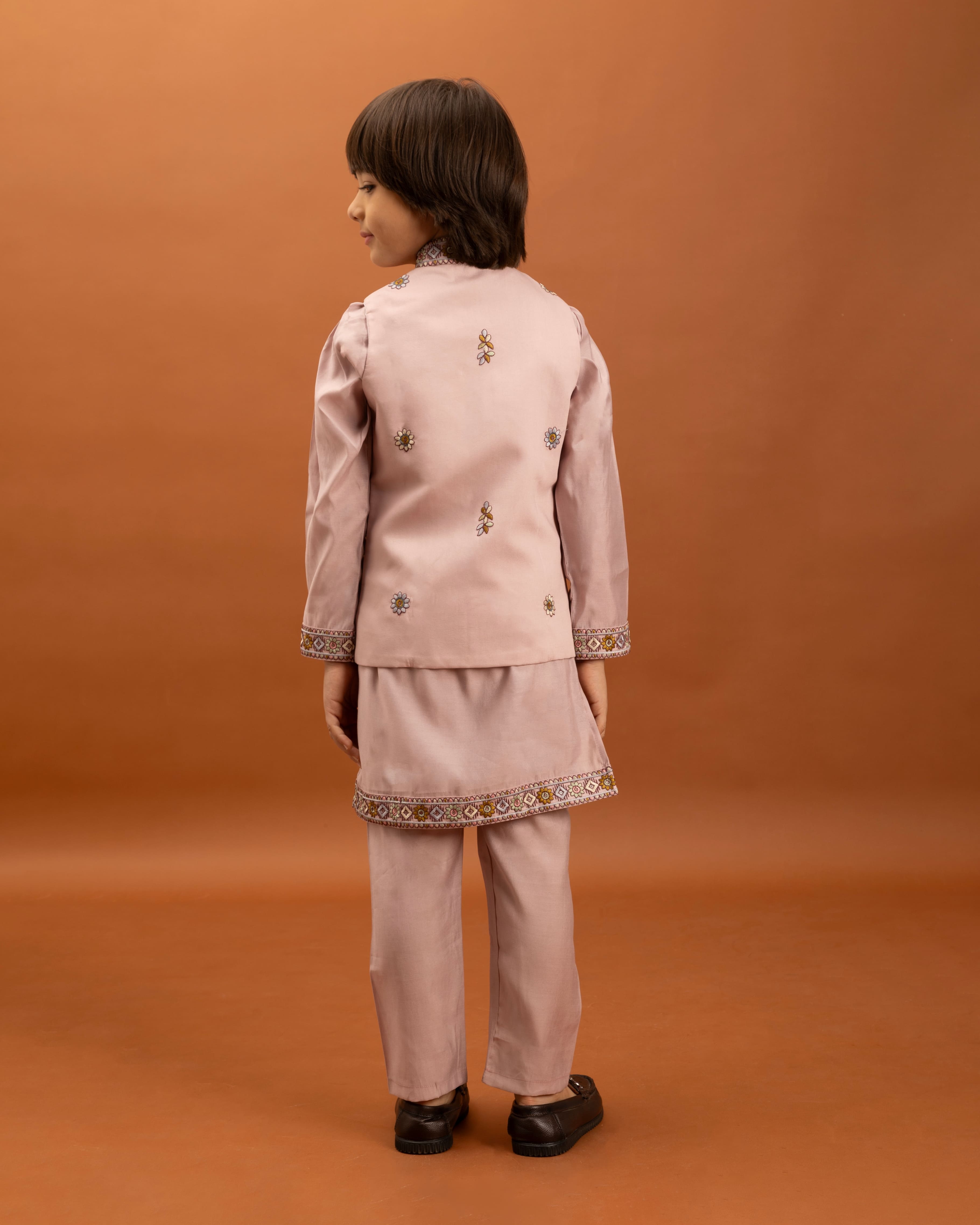 Pink Kids Kurta Set with Embroidered Koti