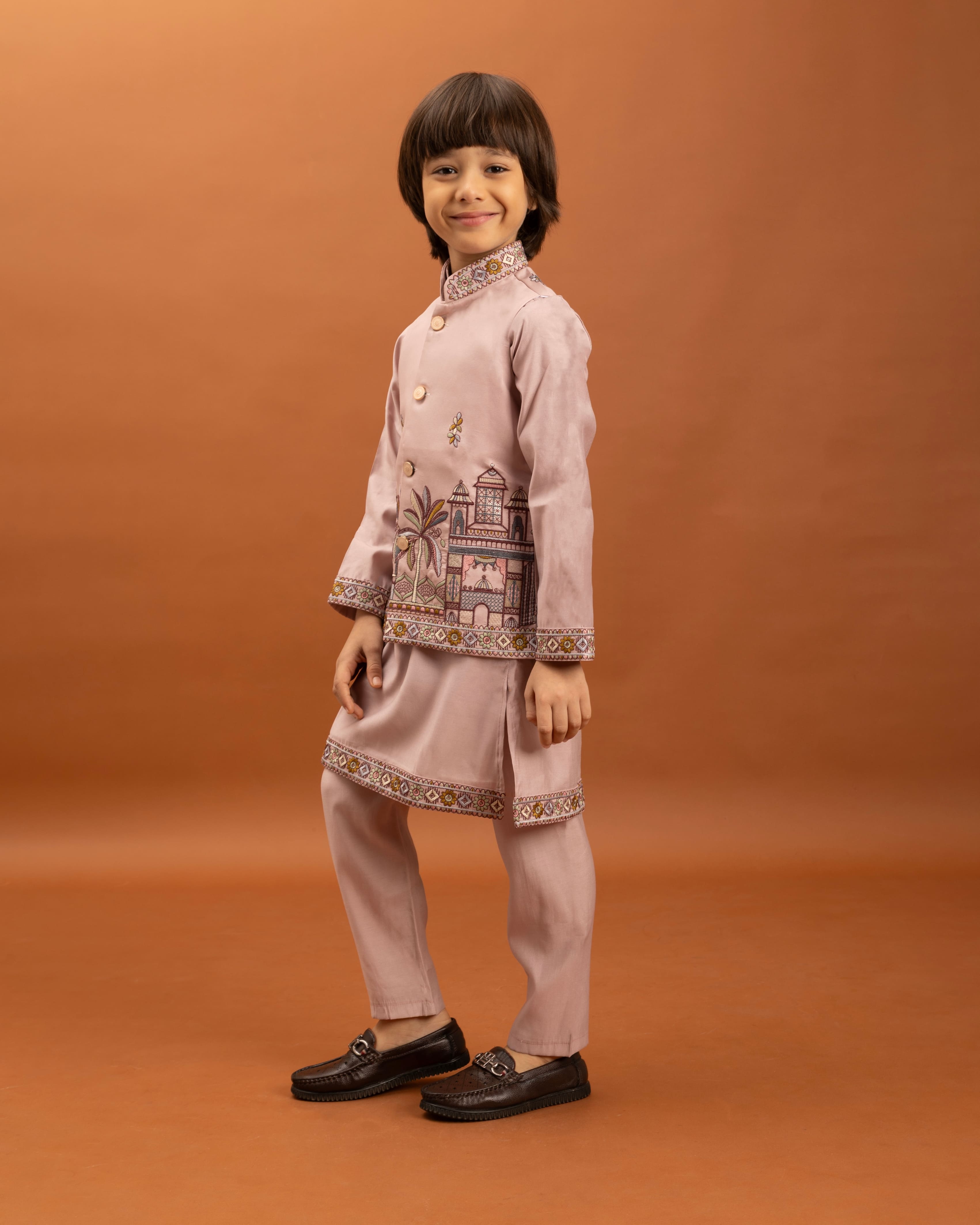 Pink Kids Kurta Set with Embroidered Koti