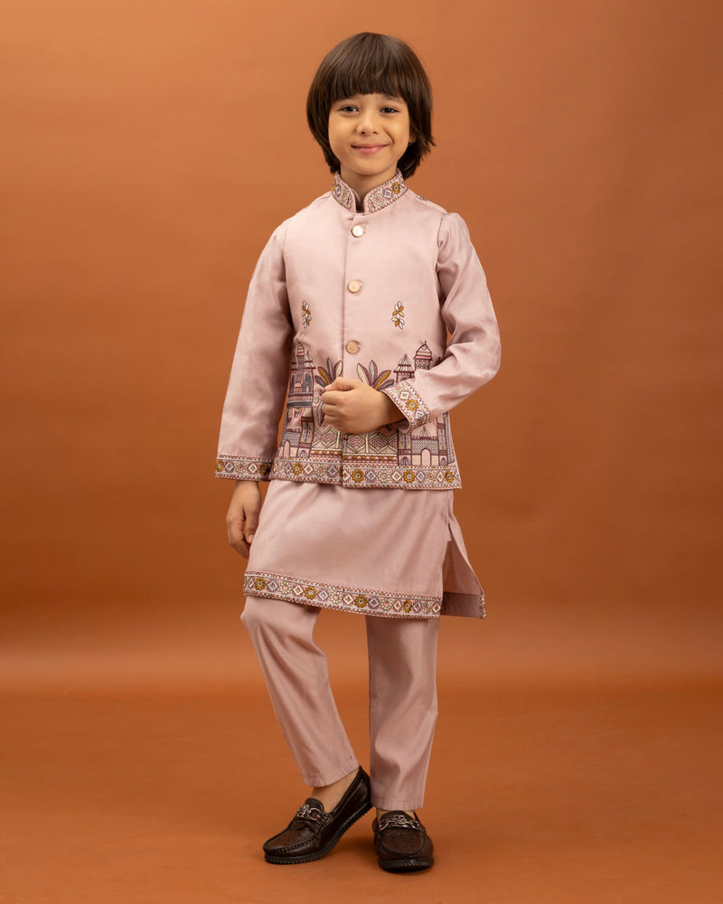 Pink Kids Kurta Set with Embroidered Koti
