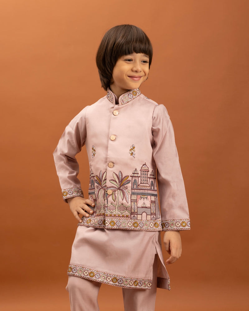 Pink Kids Kurta Set with Embroidered Koti