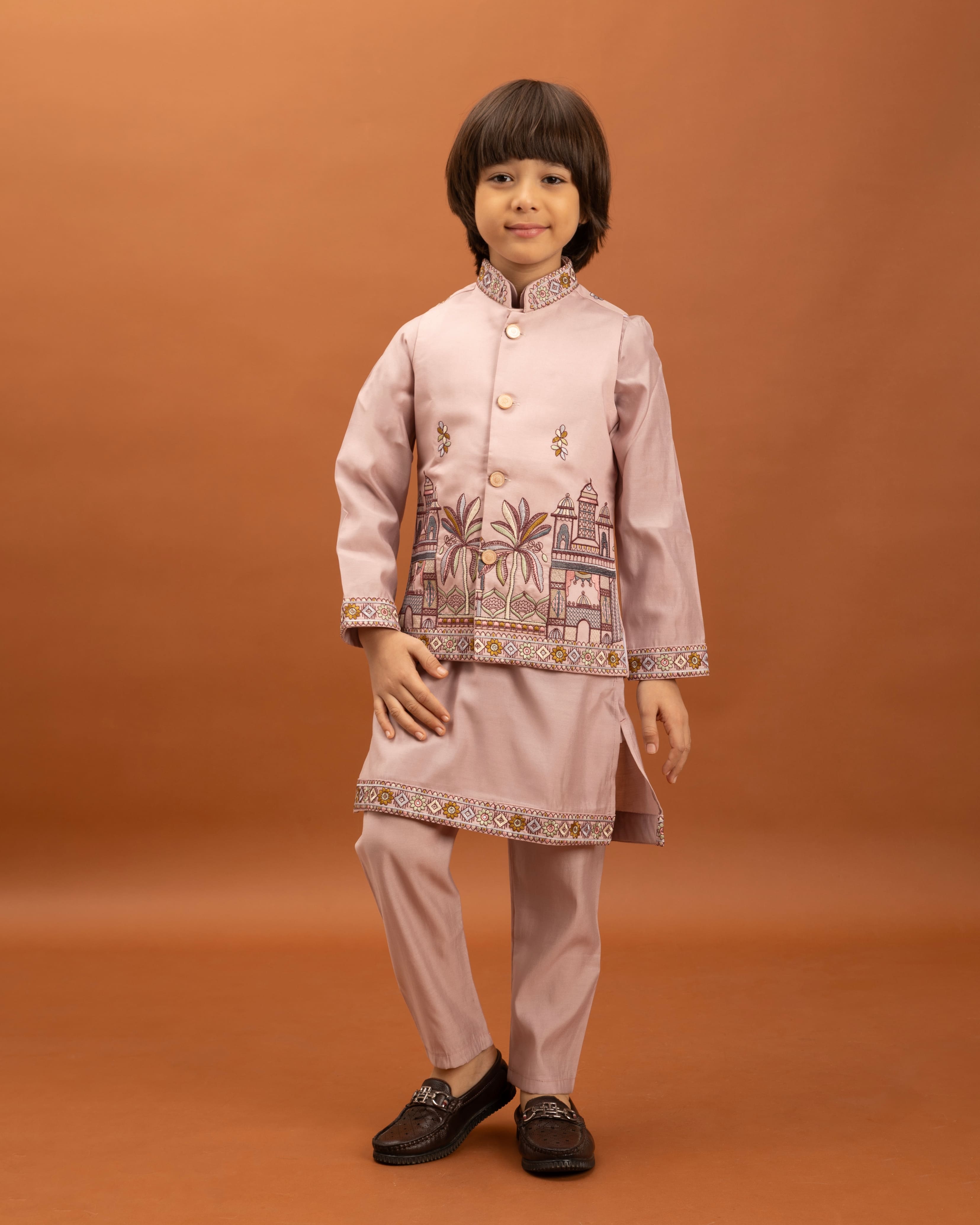 Pink Kids Kurta Set with Embroidered Koti