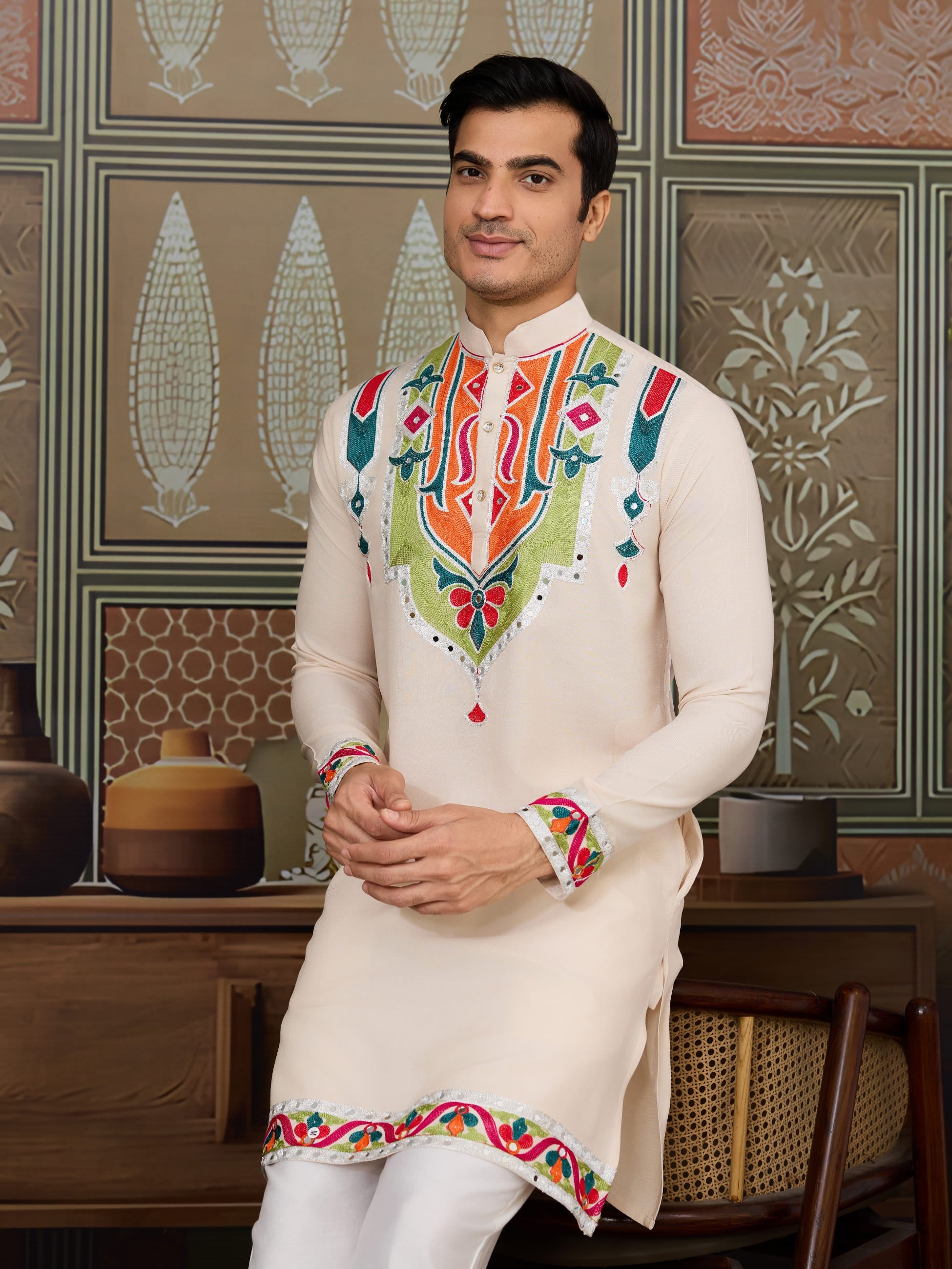 Cream Rajwadi Cotton Kurta for Men