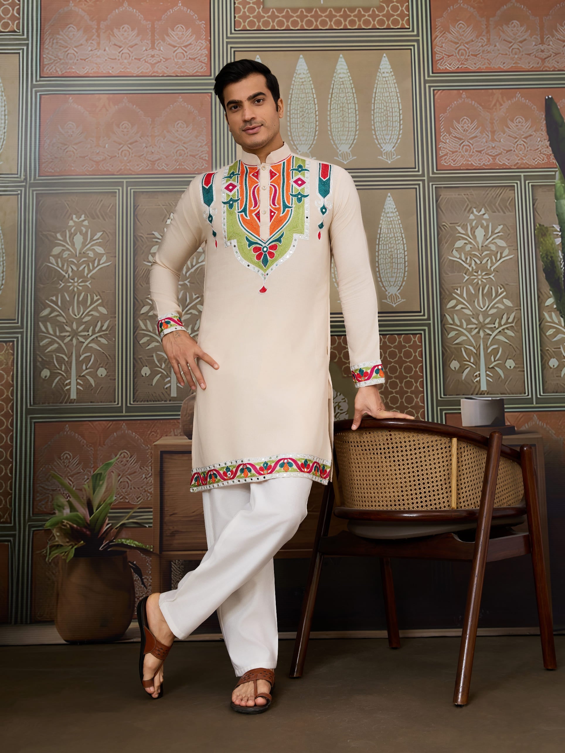 Cream Rajwadi Cotton Kurta for Men