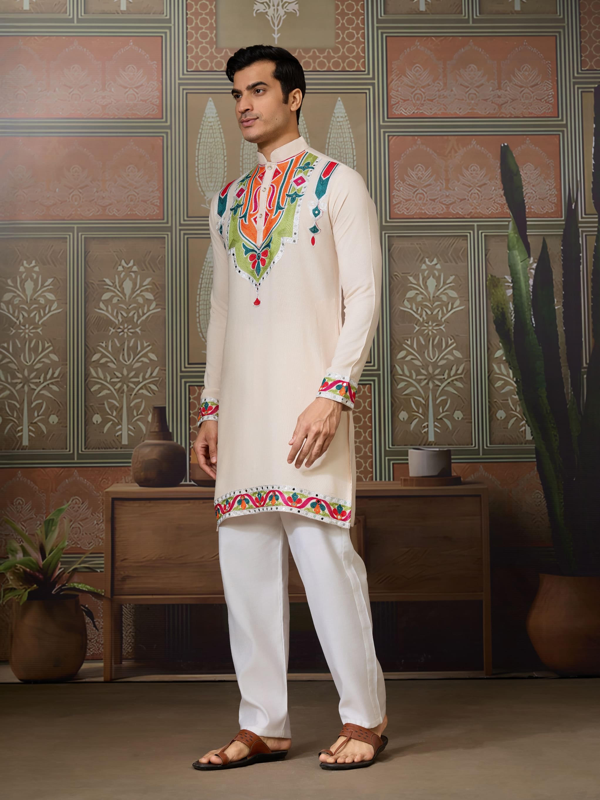 Cream Rajwadi Cotton Kurta for Men