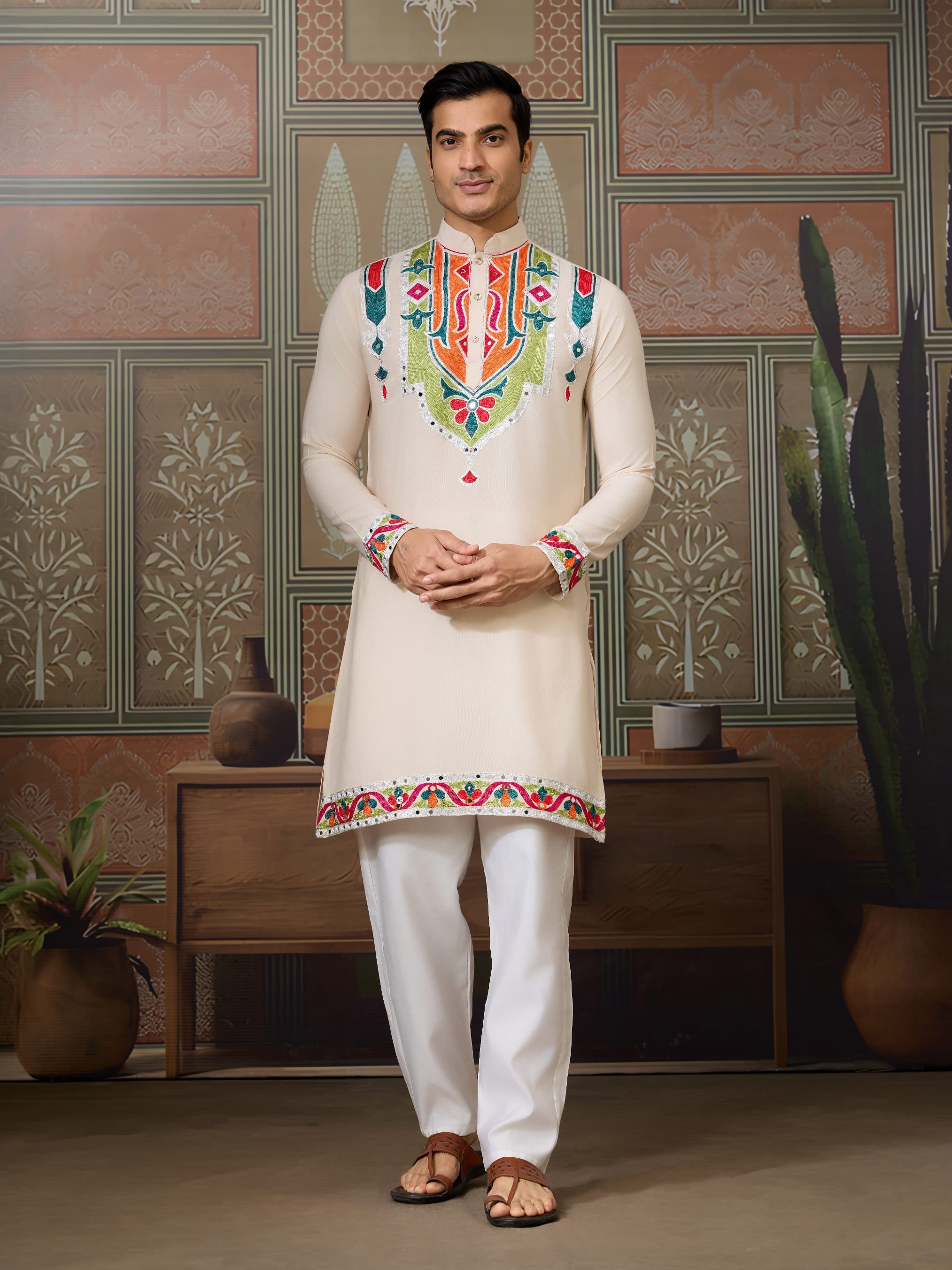 Cream Rajwadi Cotton Kurta for Men