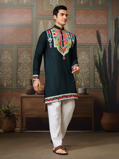 Green Cotton Rajwadi Kurta for Men
