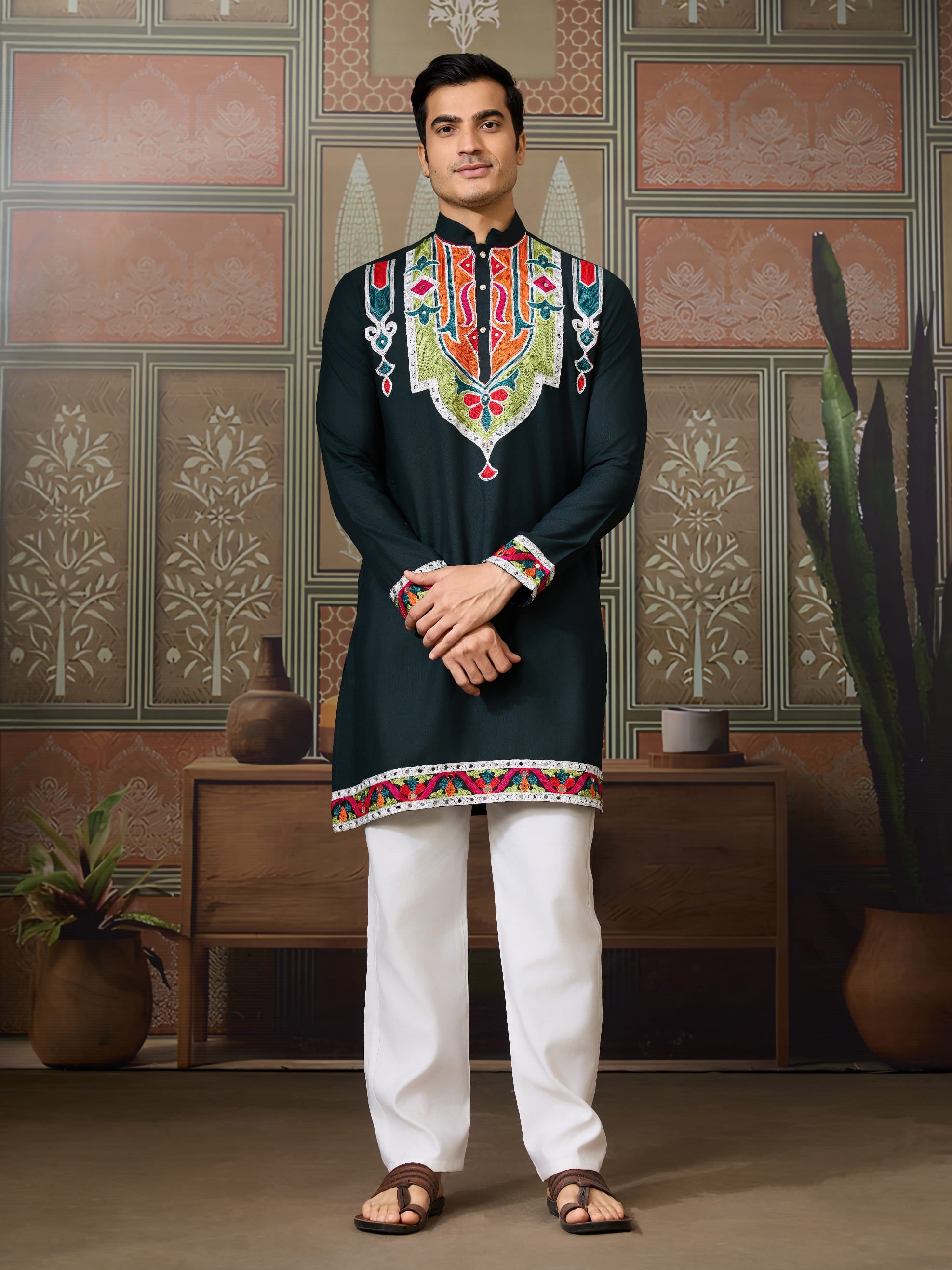 Green Cotton Rajwadi Kurta for Men