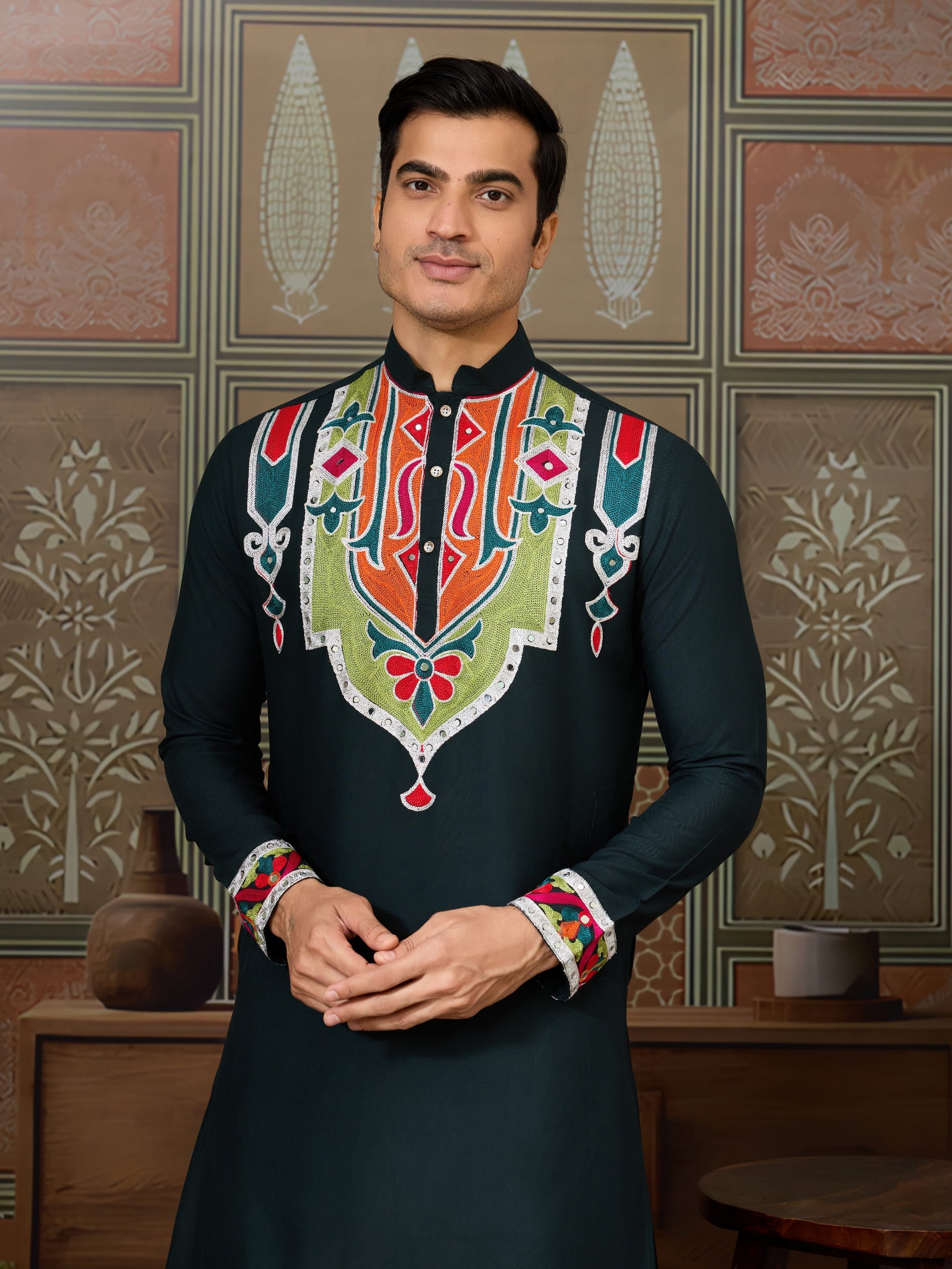 Green Cotton Rajwadi Kurta for Men