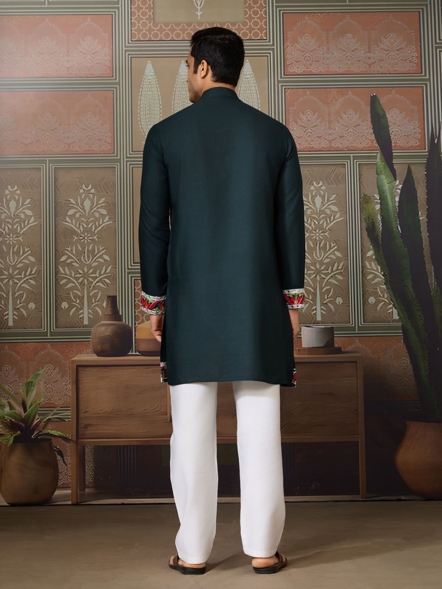 Green Cotton Rajwadi Kurta for Men