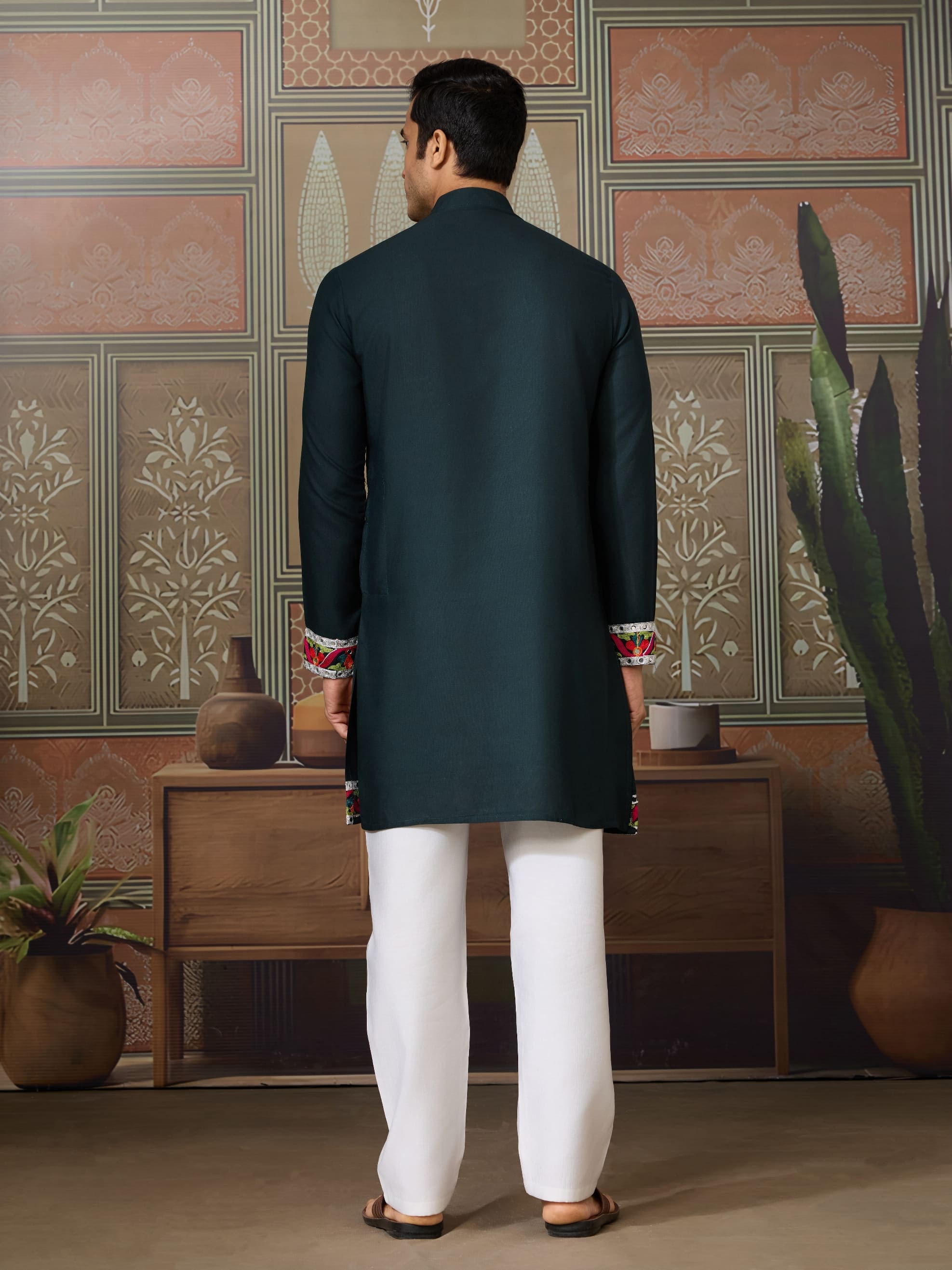 Green Cotton Rajwadi Kurta for Men