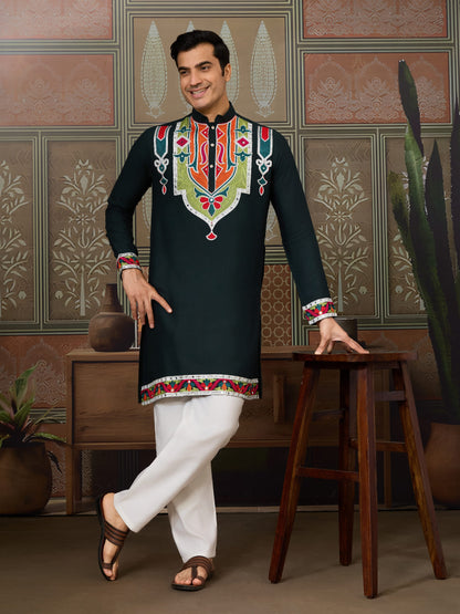 Green Cotton Rajwadi Kurta for Men