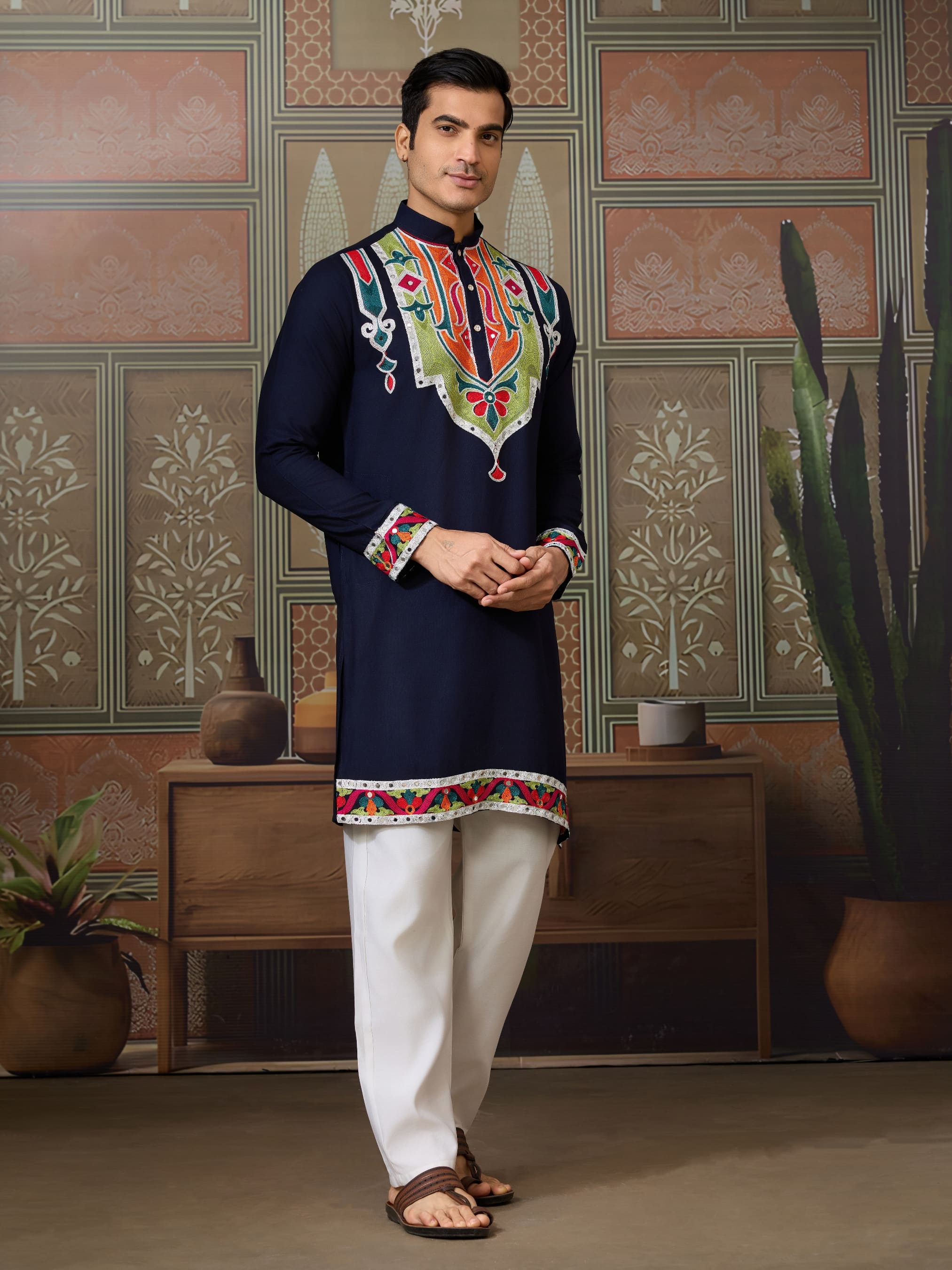 Navy Blue Rajwadi Kurta for Men