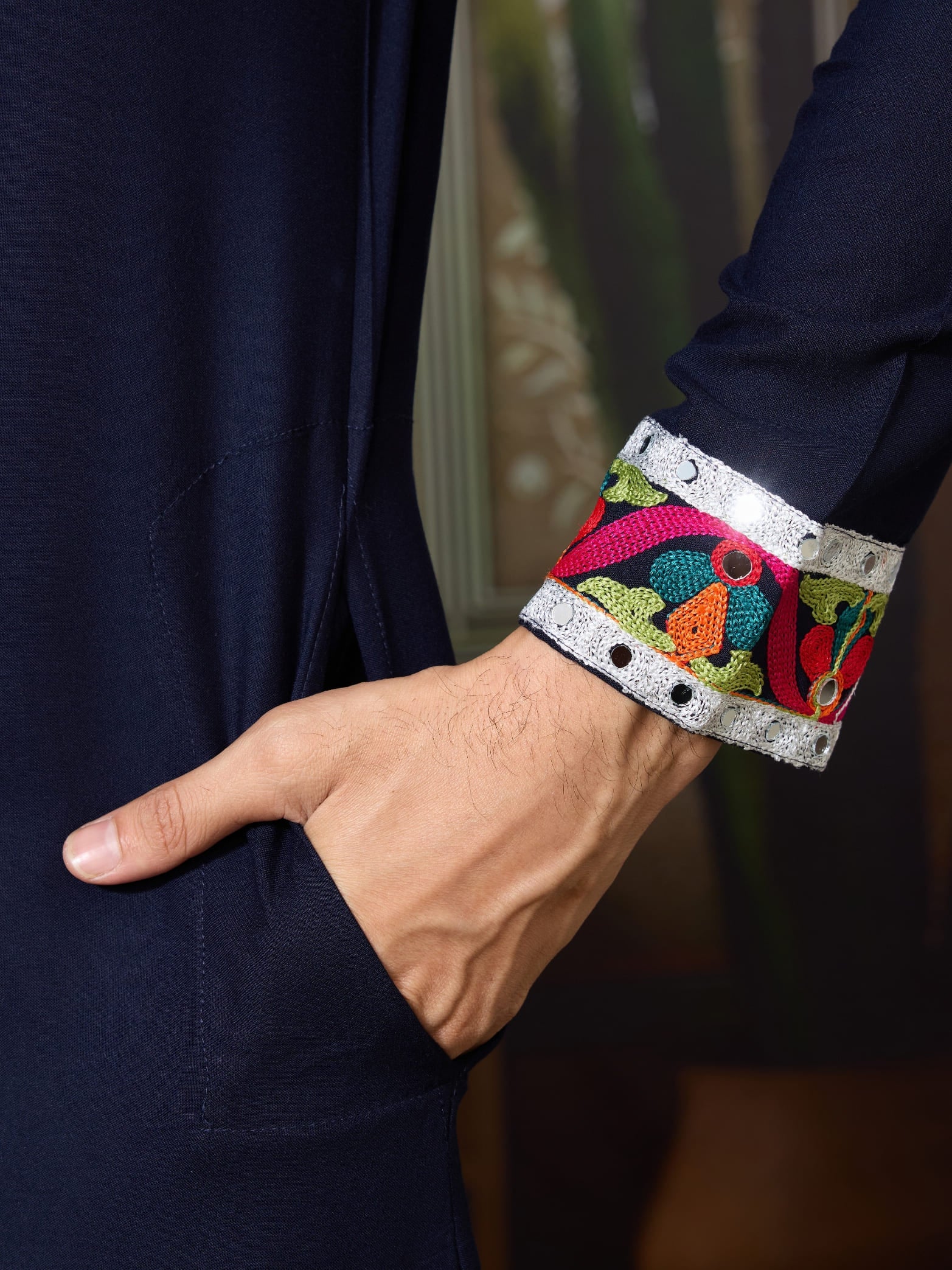 Navy Blue Rajwadi Kurta for Men