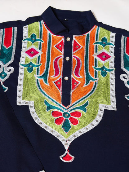 Navy Blue Rajwadi Kurta for Men