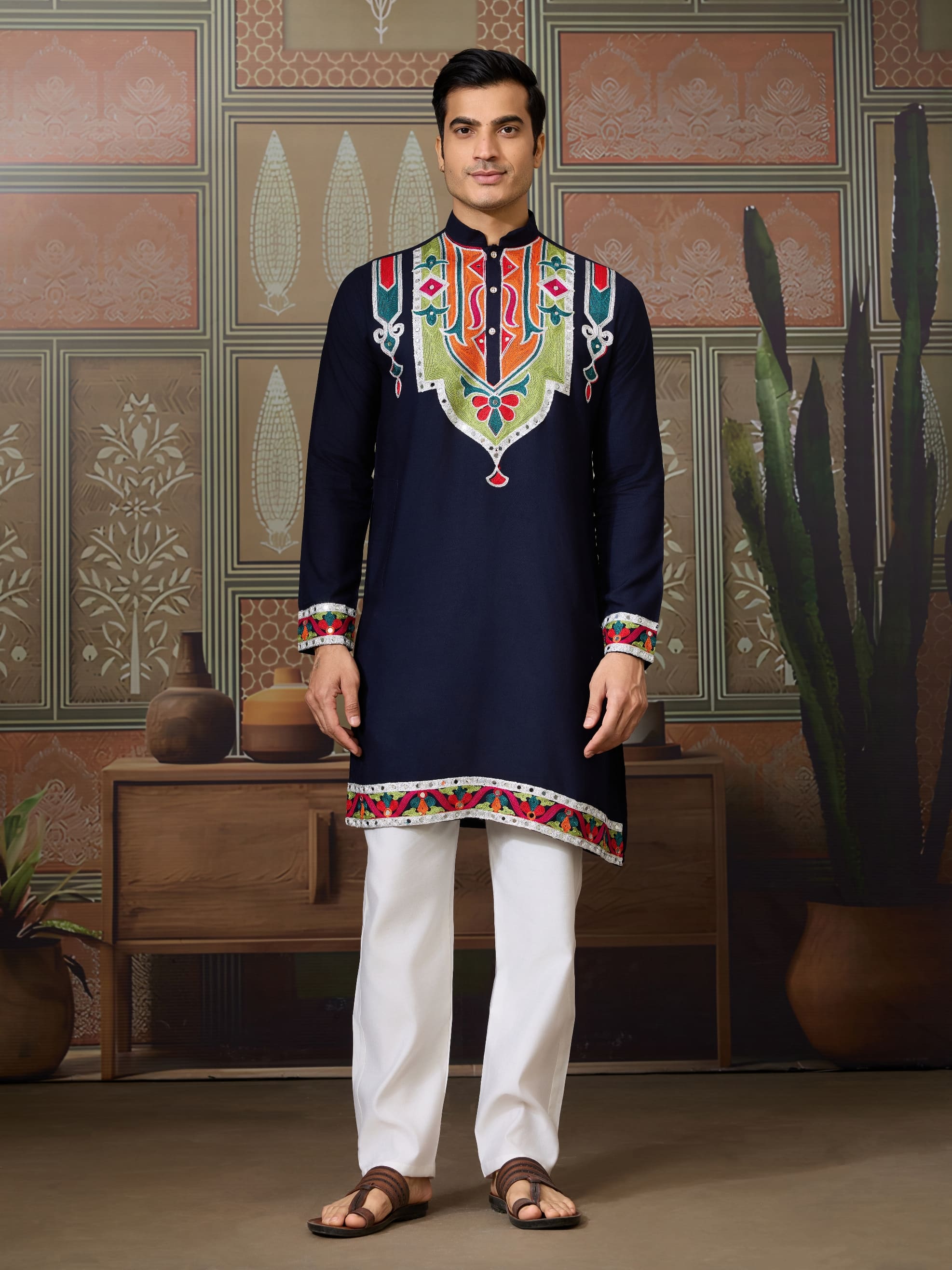 Navy Blue Rajwadi Kurta for Men