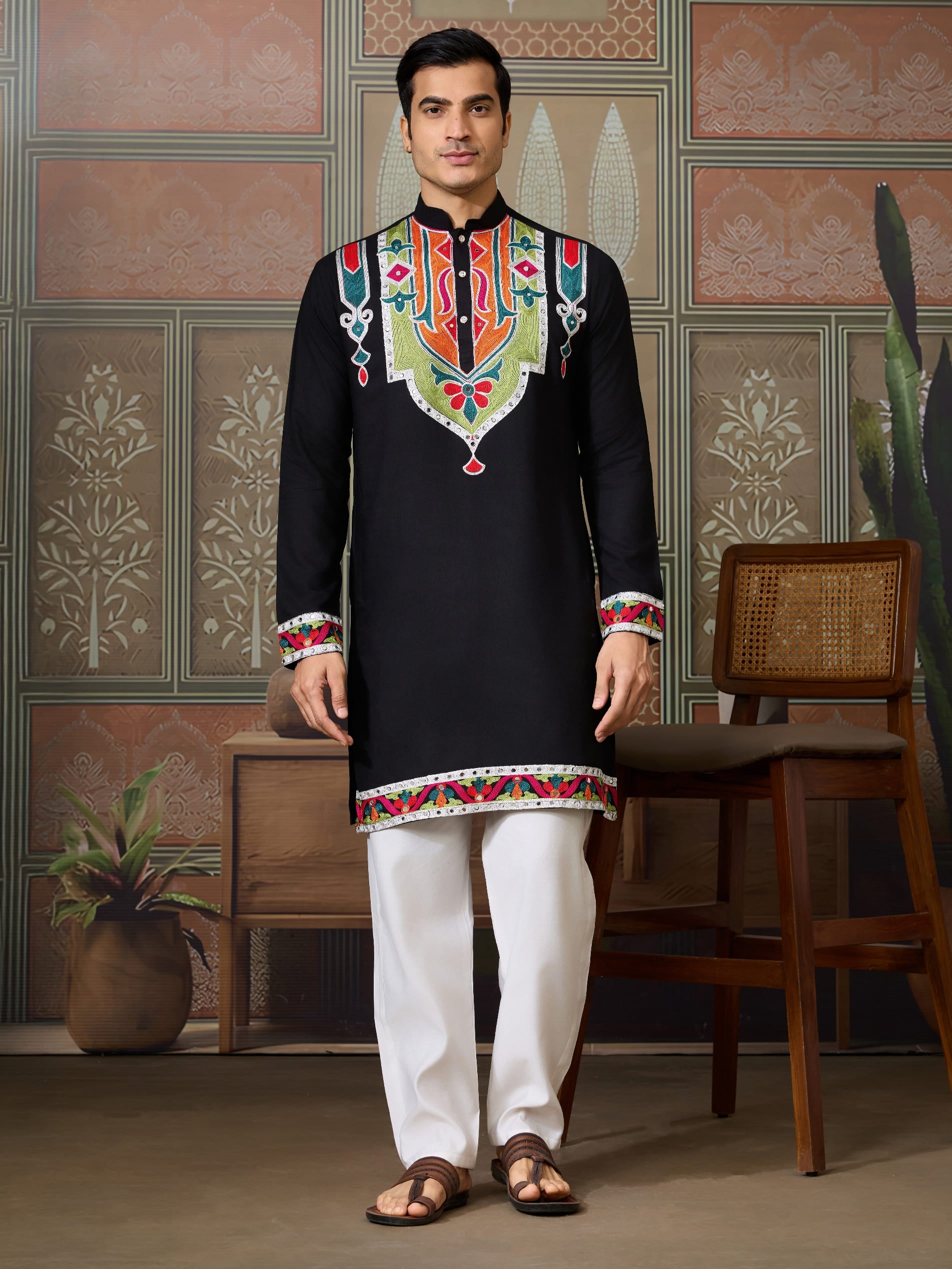Black Rajwadi Cotton Kurta for Men