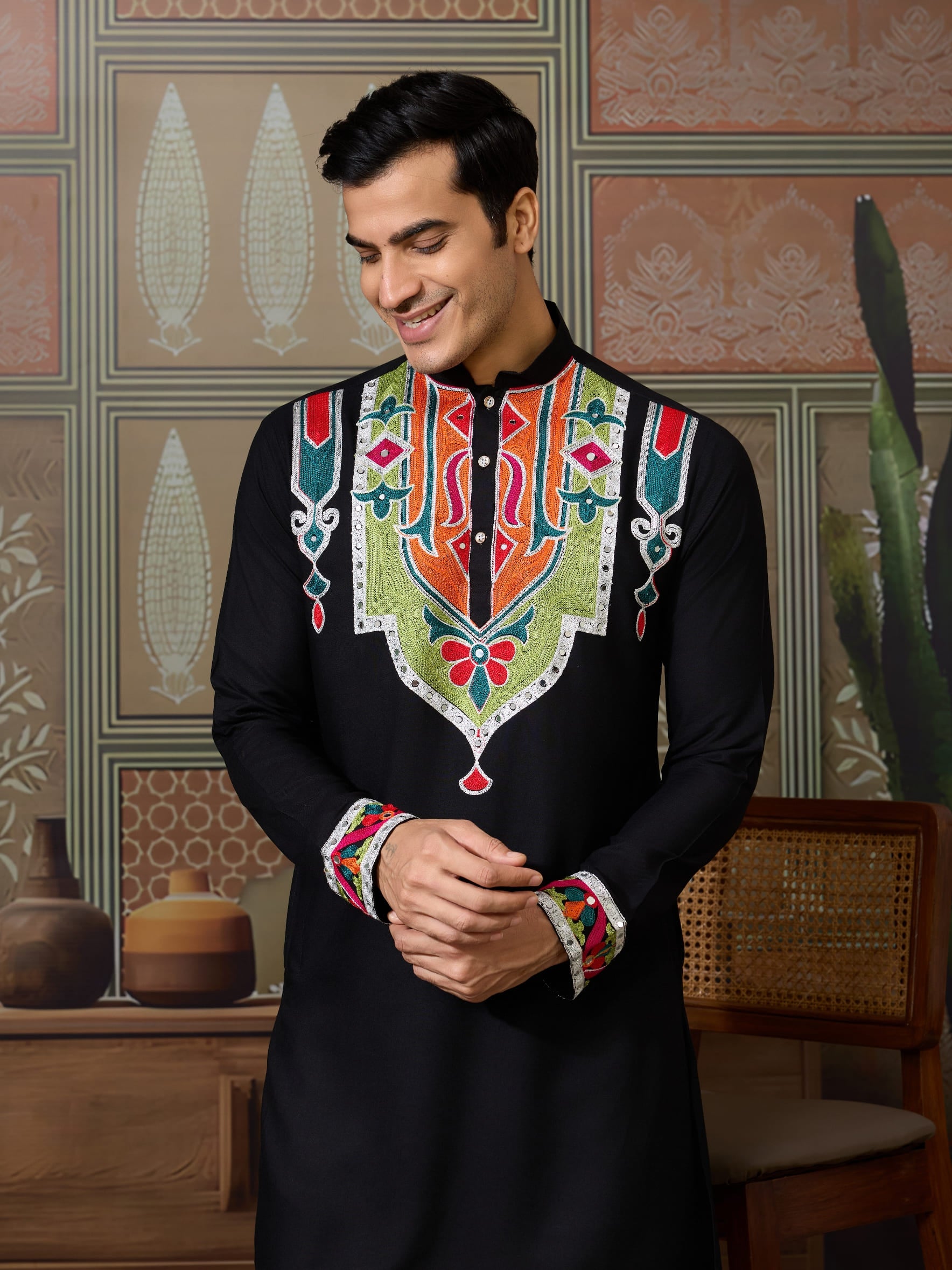 Black Rajwadi Cotton Kurta for Men