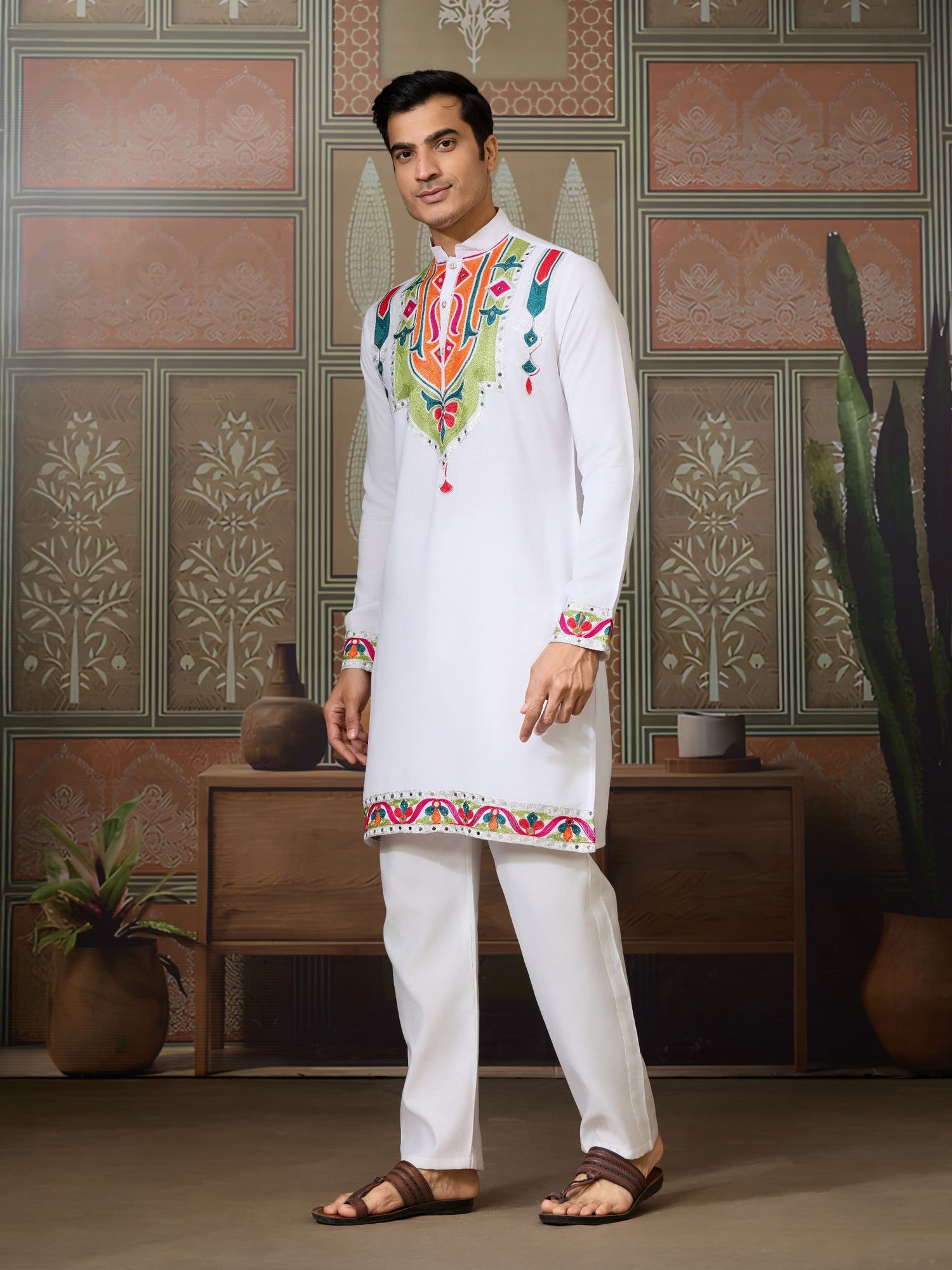 White Cotton Rajwadi Kurta for Men