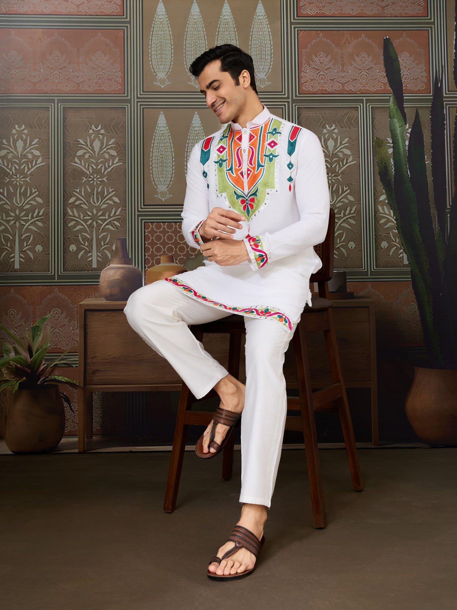 White Cotton Rajwadi Kurta for Men