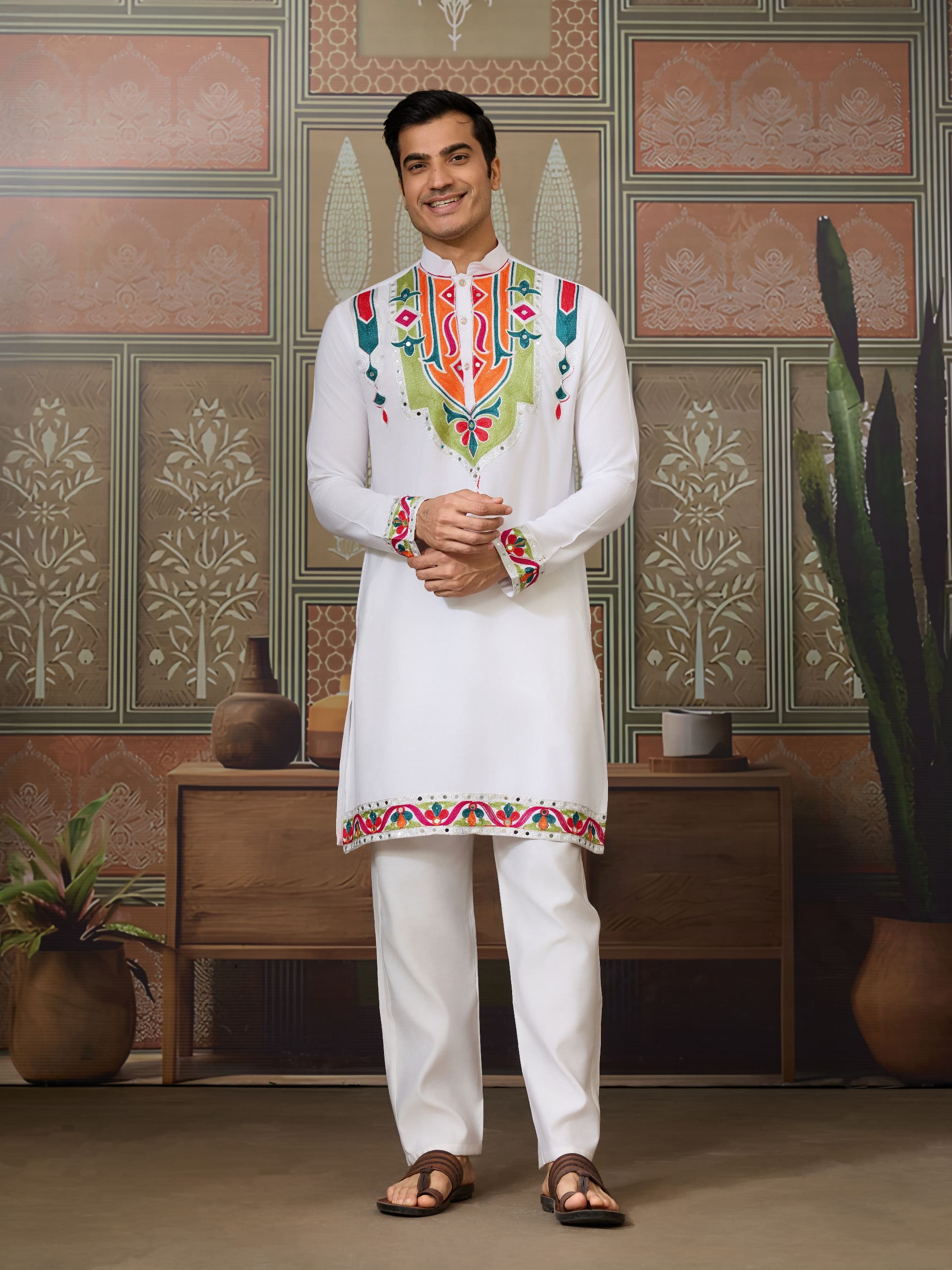 White Cotton Rajwadi Kurta for Men