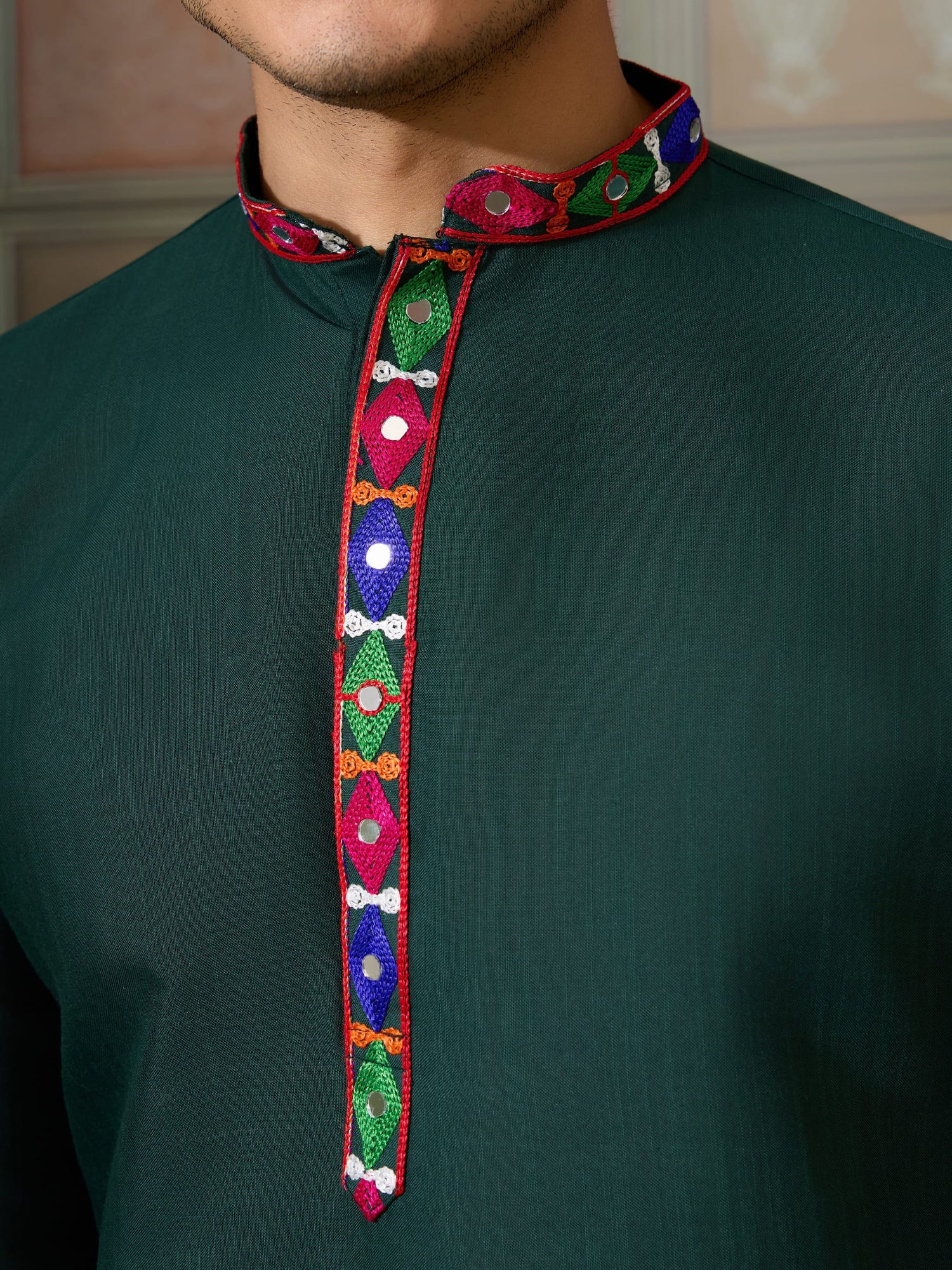 Green Cotton Silk Navratri Kurta with Mirror &amp; Embroidery for Men