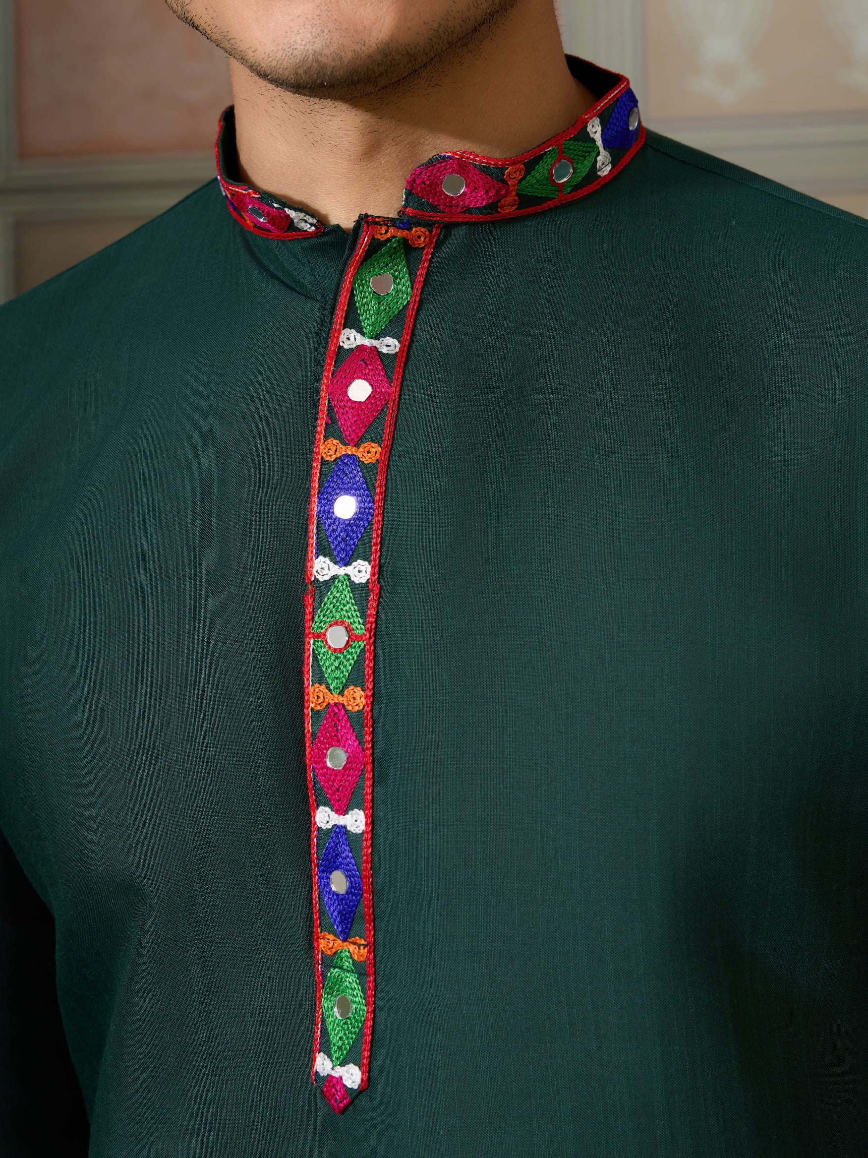 Green Cotton Silk Navratri Kurta with Mirror &amp; Embroidery for Men