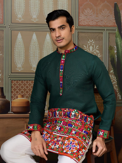 Green Cotton Silk Navratri Kurta with Mirror &amp; Embroidery for Men