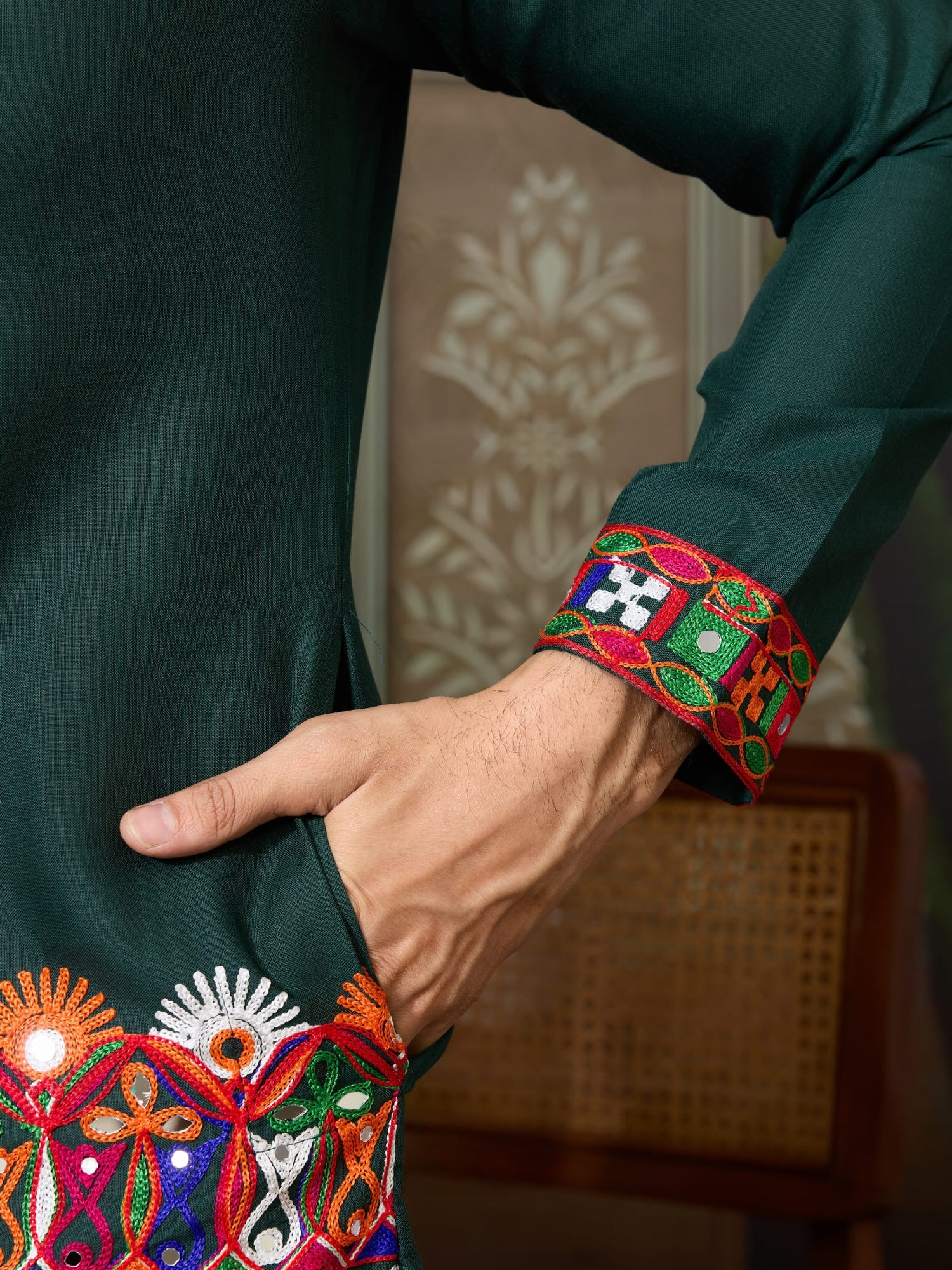 Green Cotton Silk Navratri Kurta with Mirror &amp; Embroidery for Men